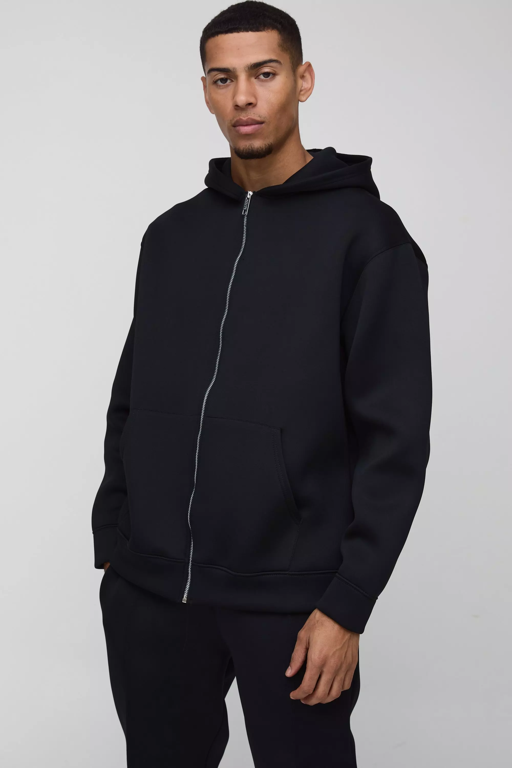 Oversized Zip Through Bonded Scuba Hoodie Black