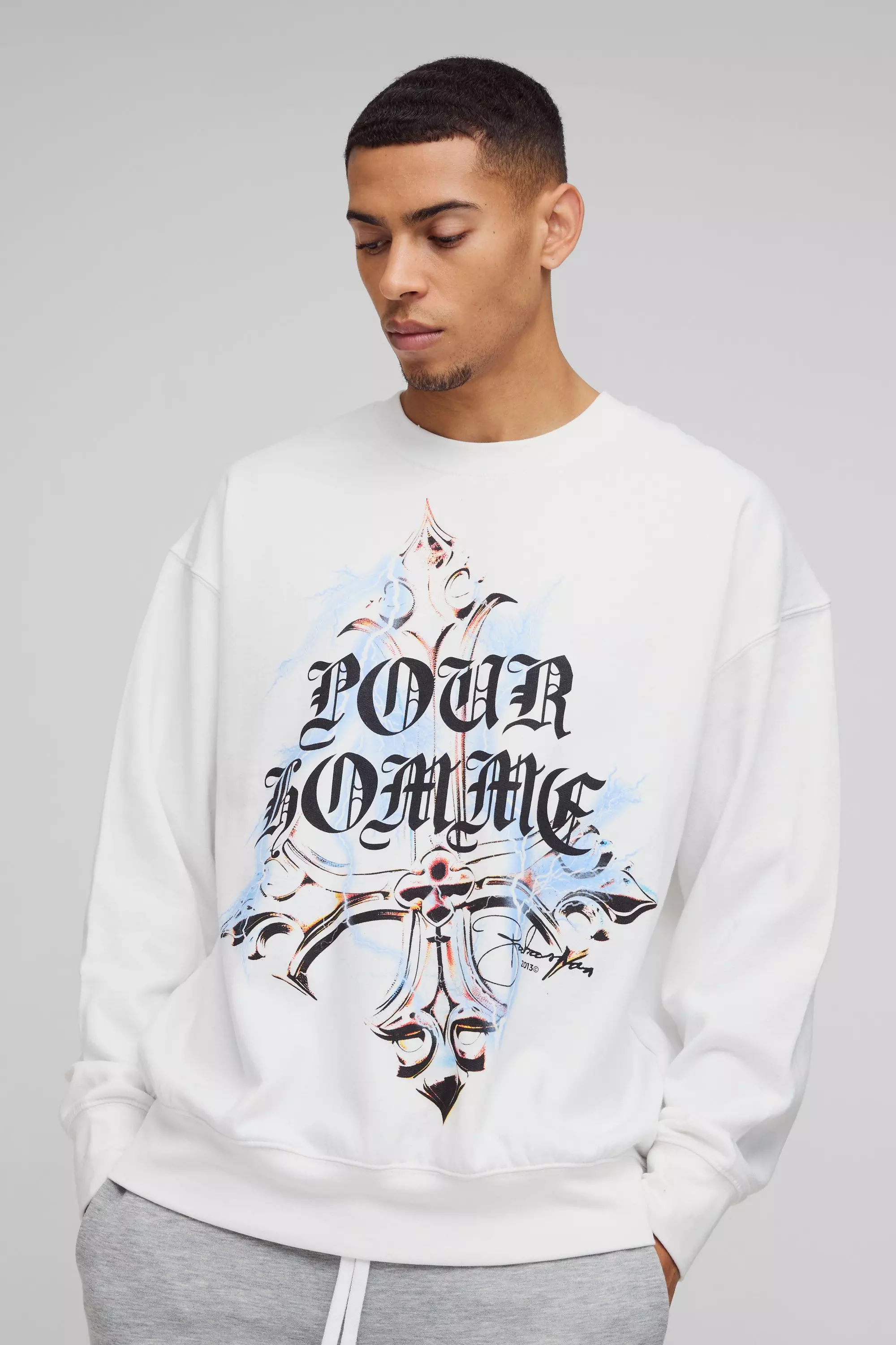 Oversized Pour Homme Gothic Cross Graphic Sweatshirt White