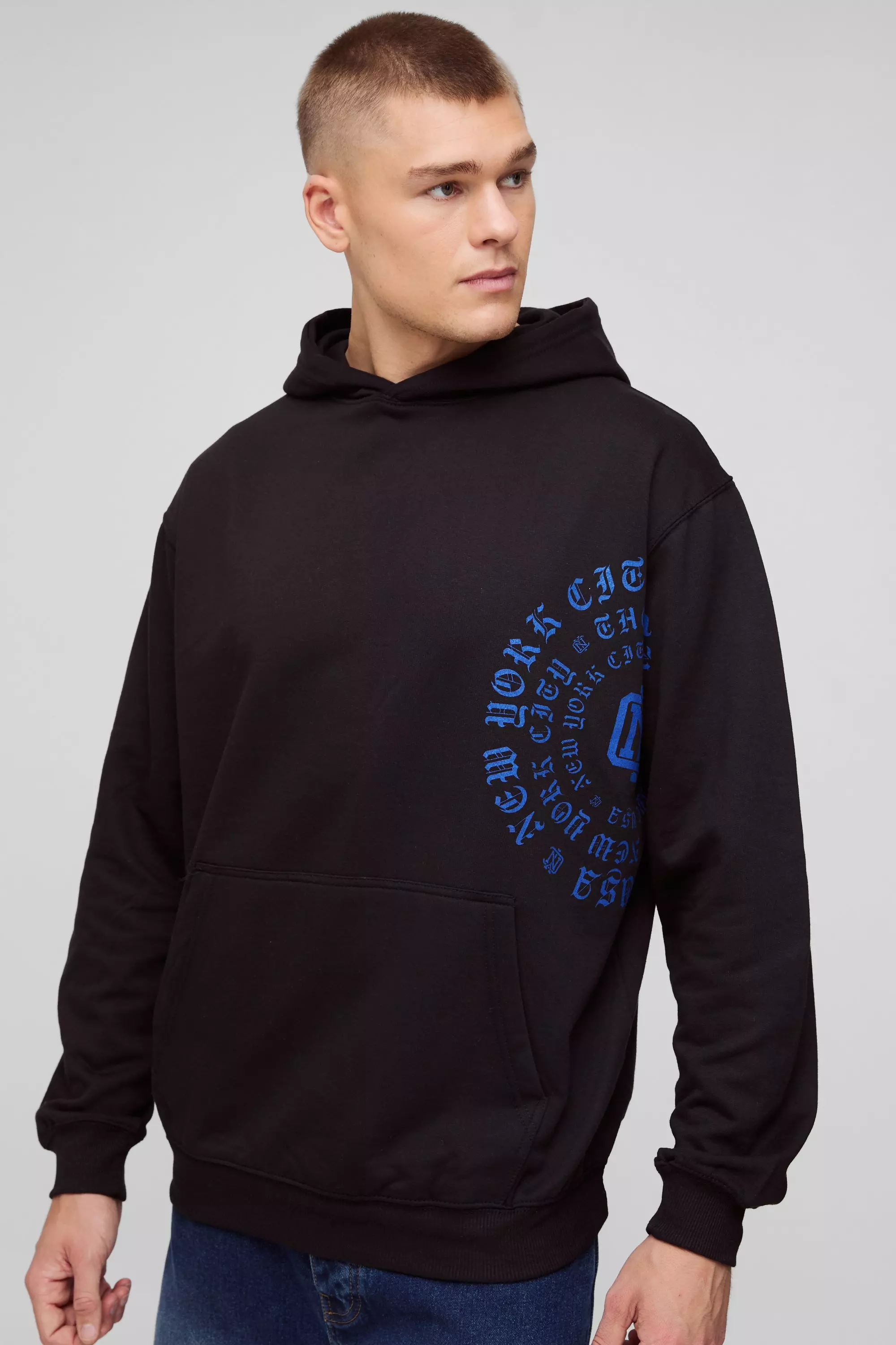 Black Oversized Gothic Text Over Seams Graphic Hoodie alternative image