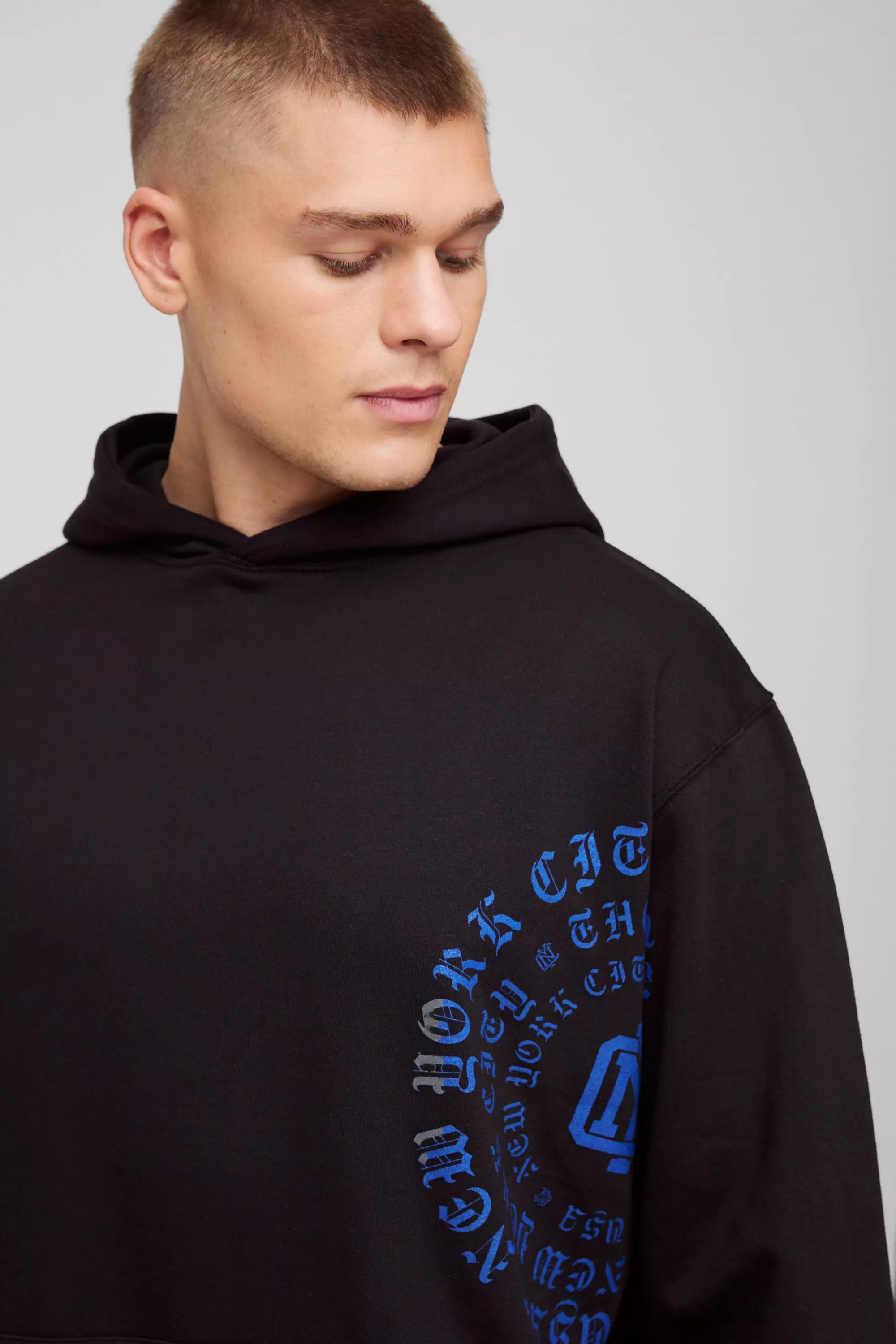 Black Oversized Gothic Text Over Seams Graphic Hoodie alternative image