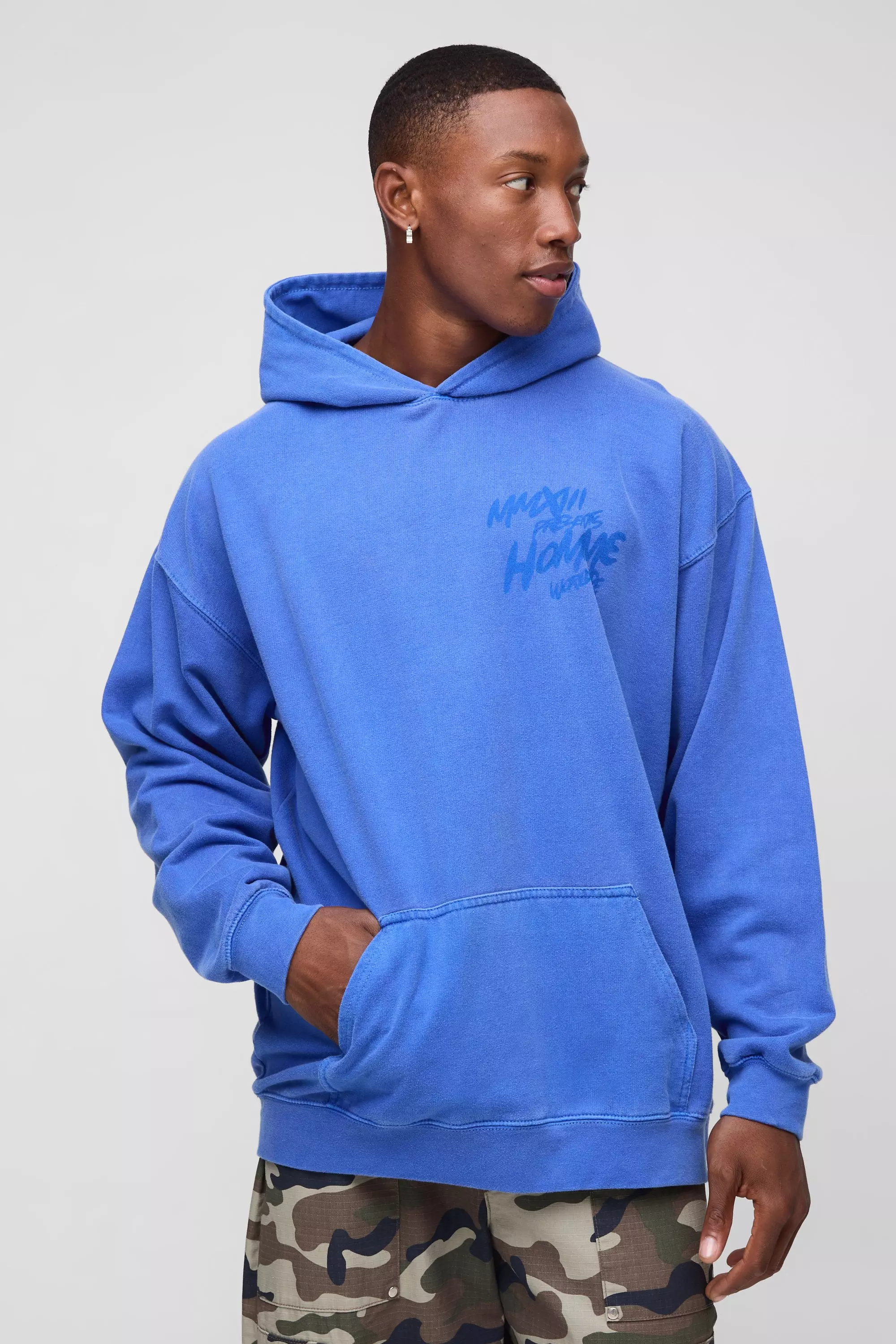 Oversize Hoodie mit Homme Graffiti-Print, Cobalt alternatives Bild