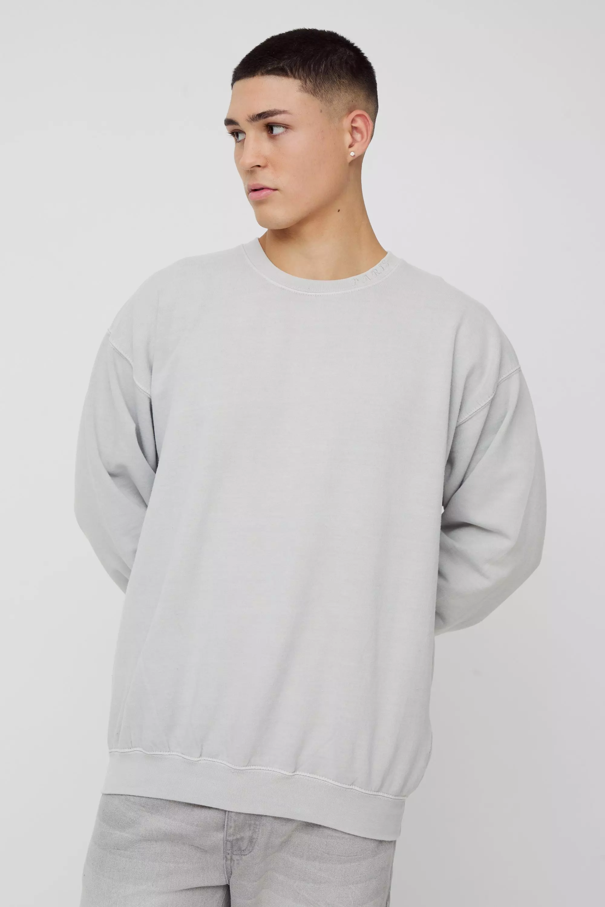 Oversized Paris Neck Embroidered Washed Sweatshirt Stone