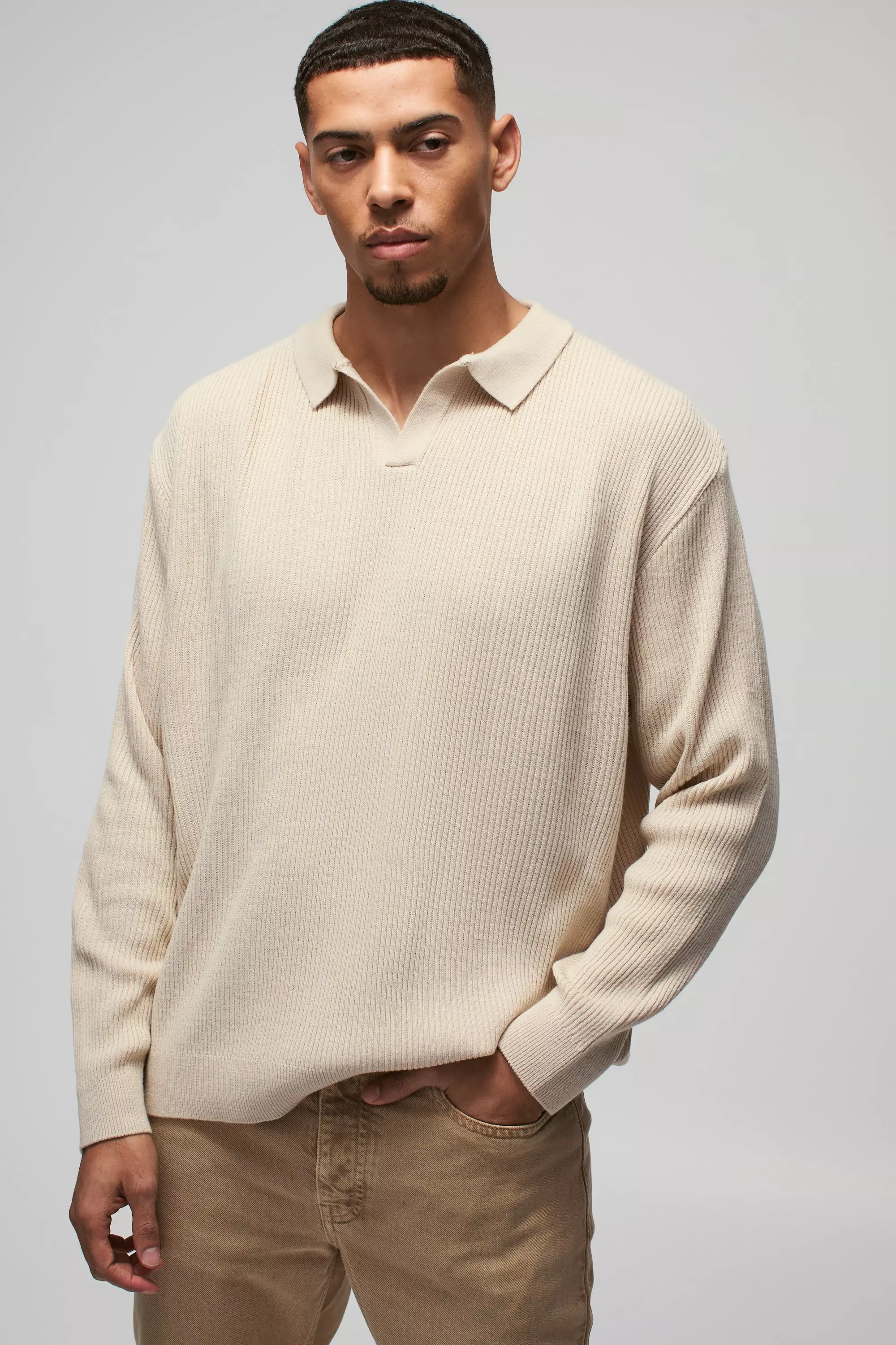 Stone Oversized Ribbed Revere Neck Knitted Polo alternative image