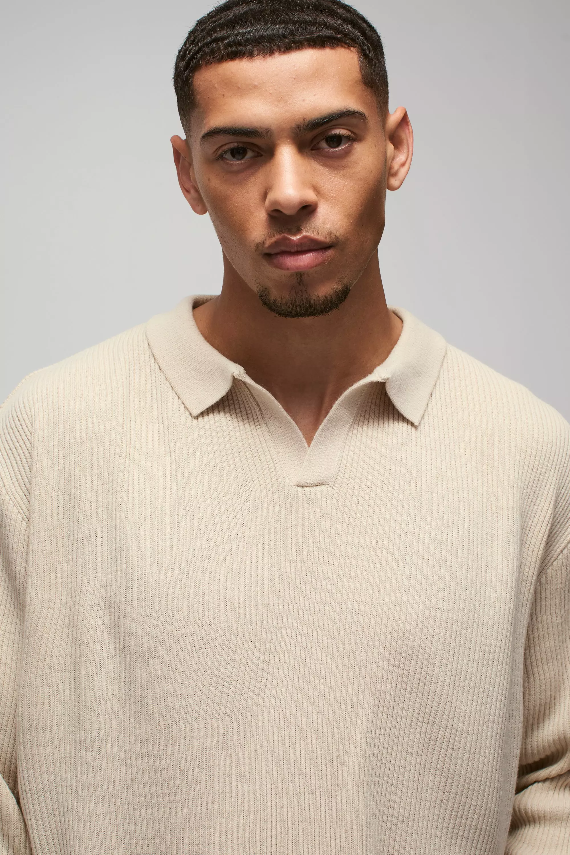 Stone Oversized Ribbed Revere Neck Knitted Polo alternative image