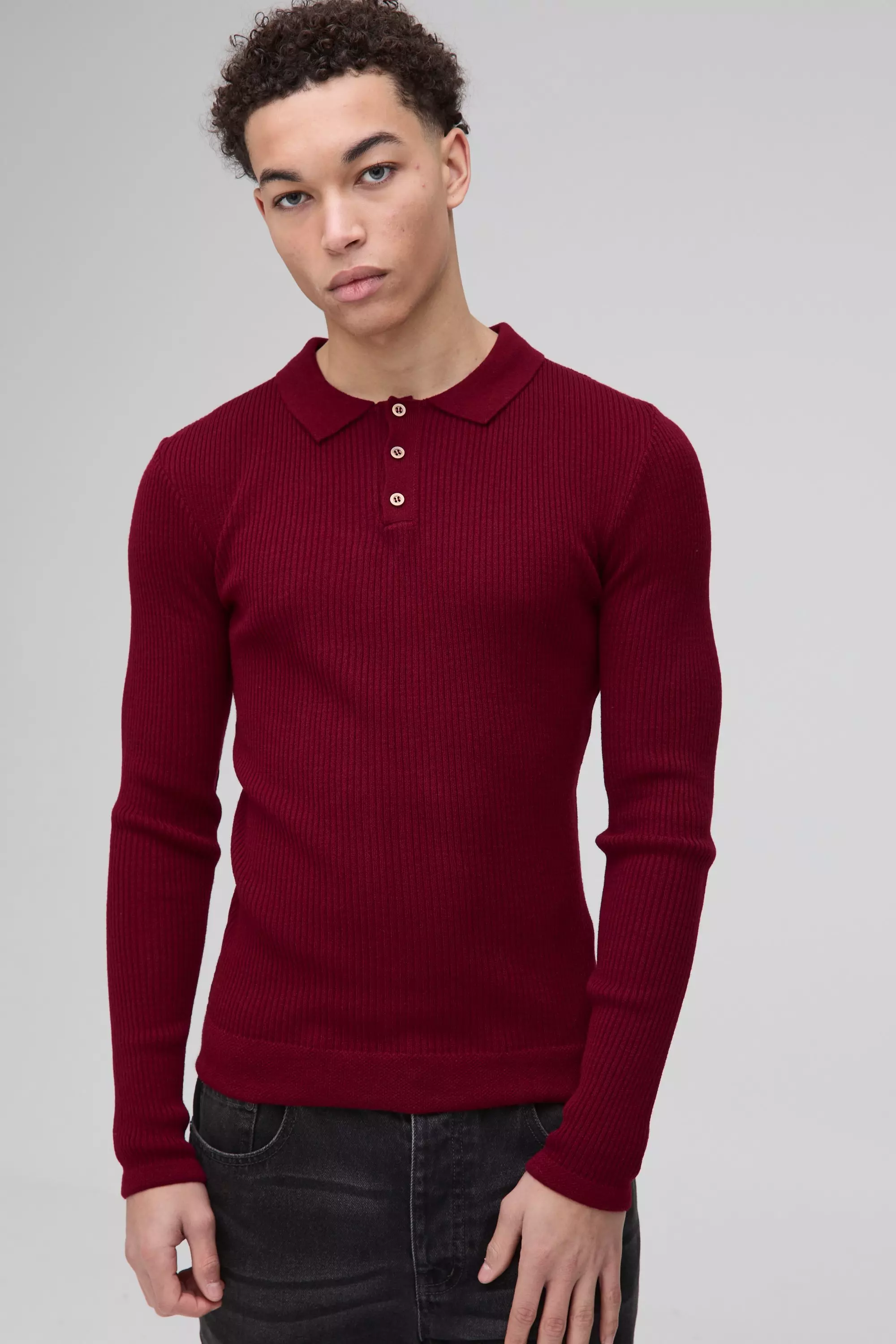 Burgundy Muscle Fit Ribbed Button Neck Knitted Polo alternative image