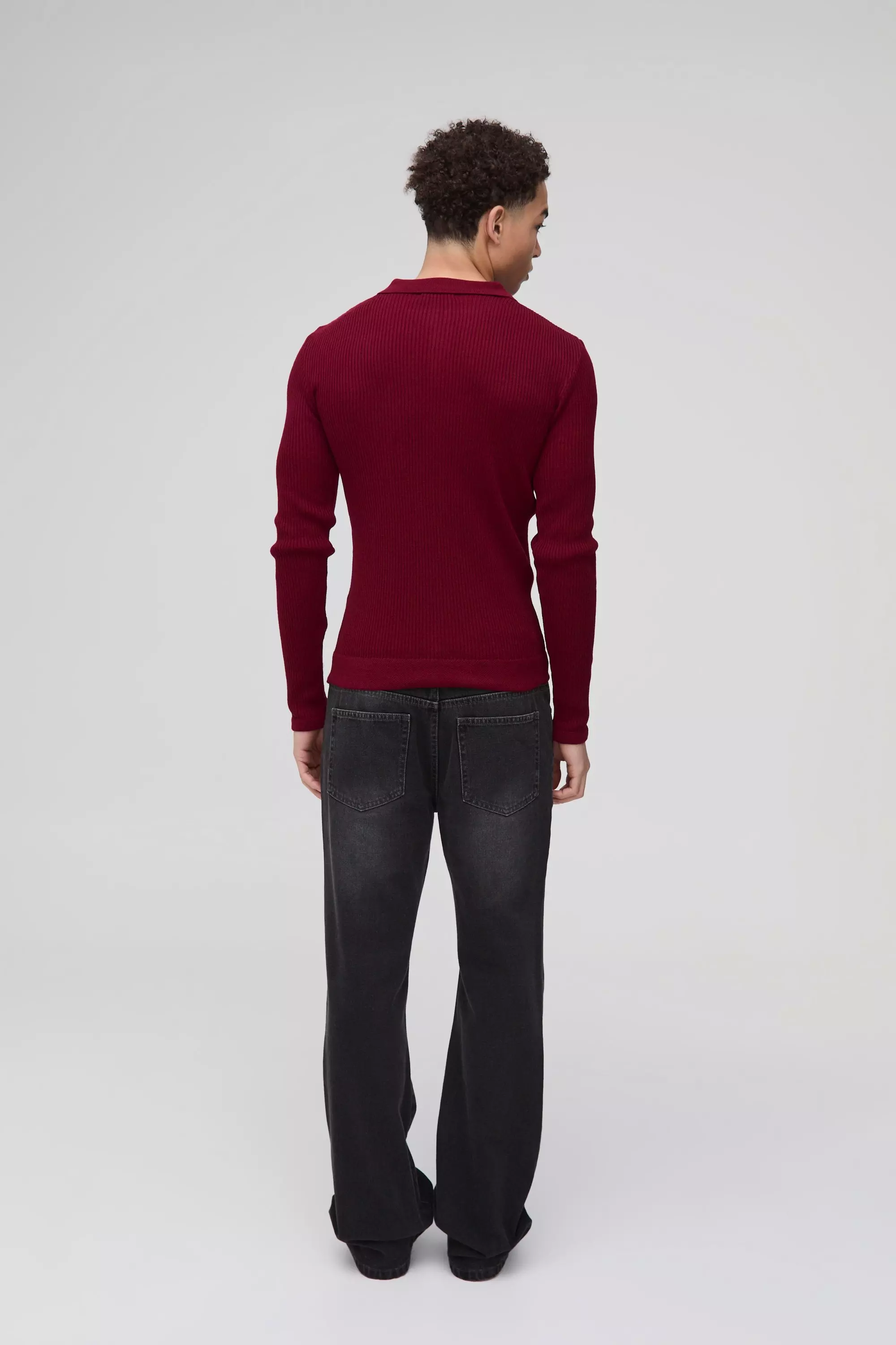 Burgundy Muscle Fit Ribbed Button Neck Knitted Polo alternative image