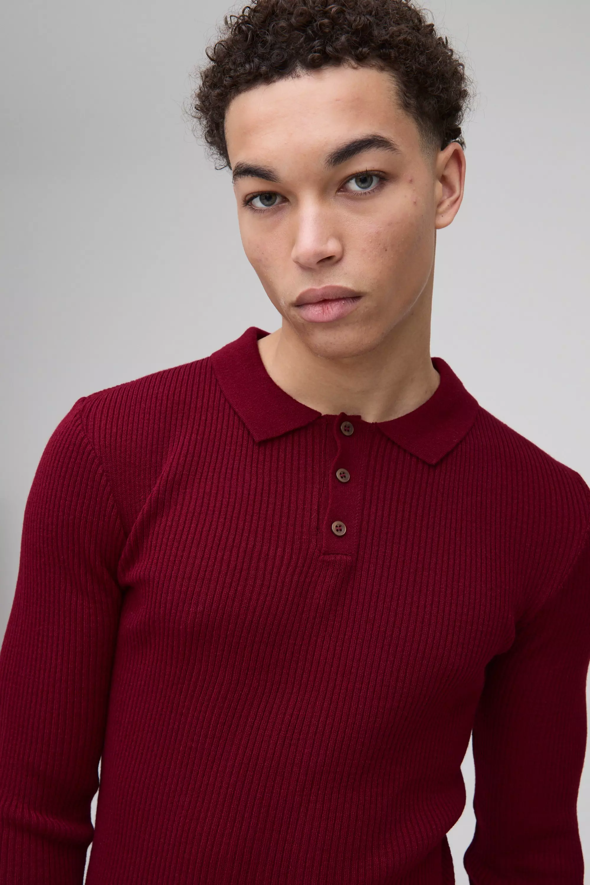 Burgundy Muscle Fit Ribbed Button Neck Knitted Polo alternative image