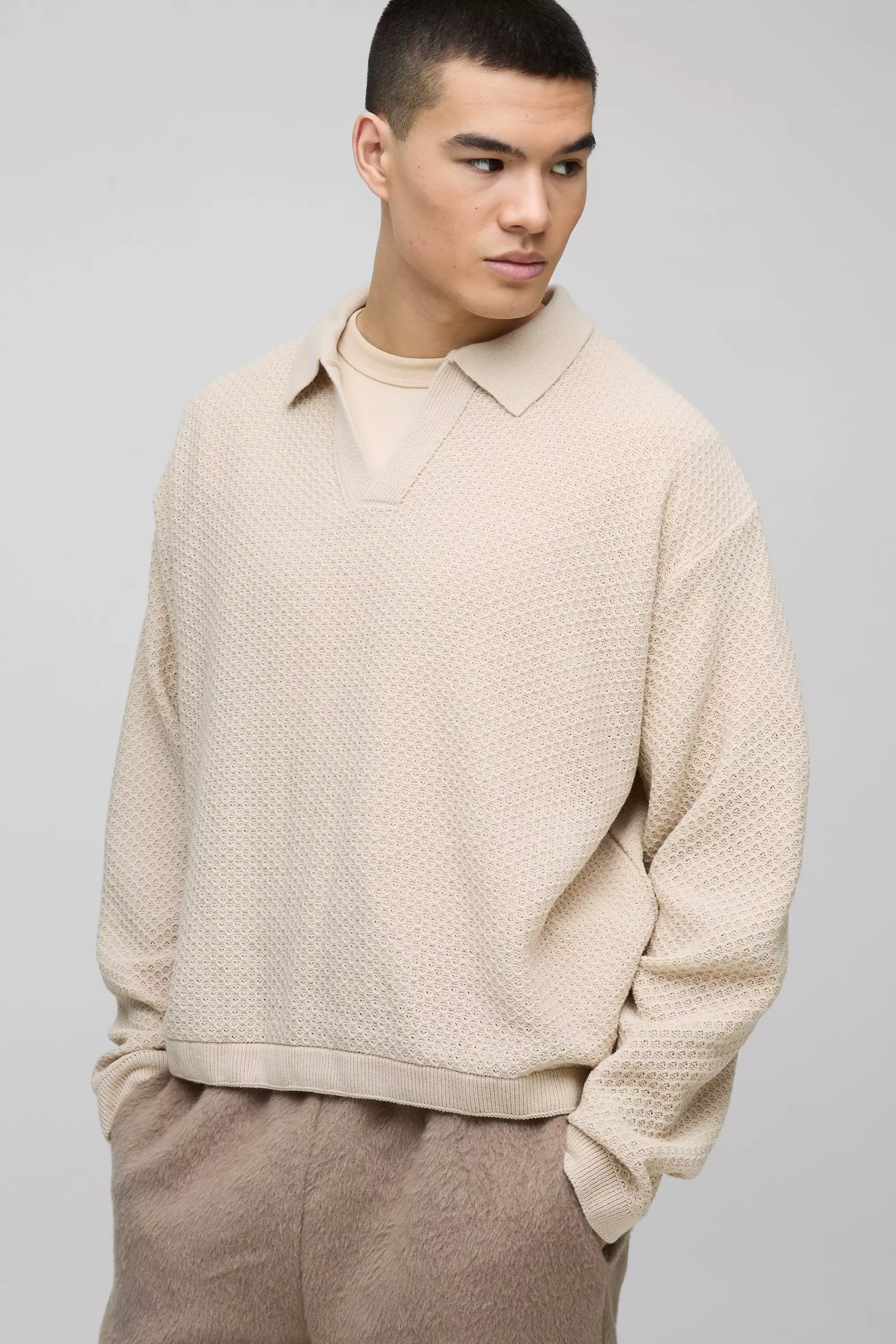 Stone Oversized Boxy Knitted Revere Polo alternative image