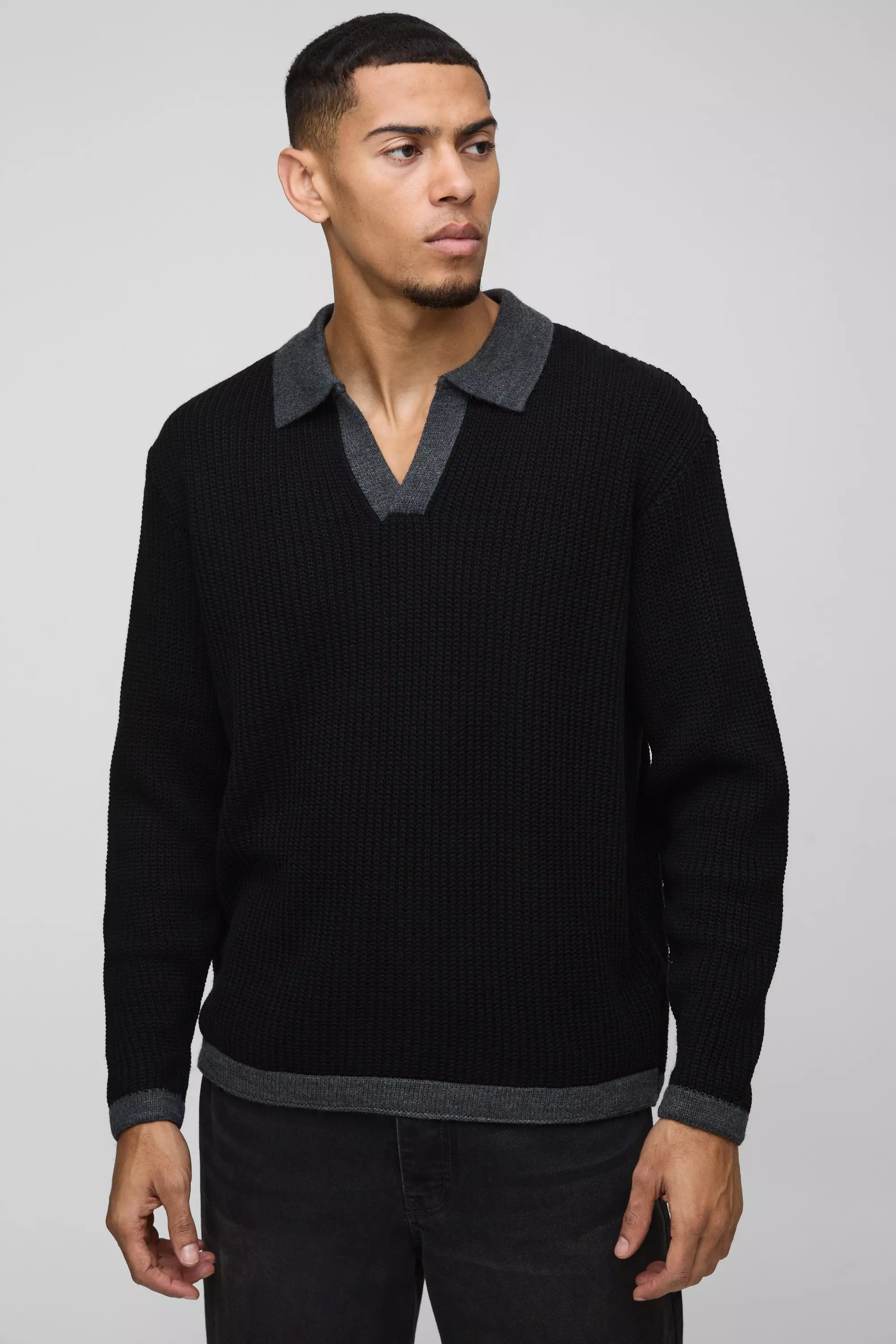 Black Oversized Boxy Knitted Revere Contrast Polo alternative image