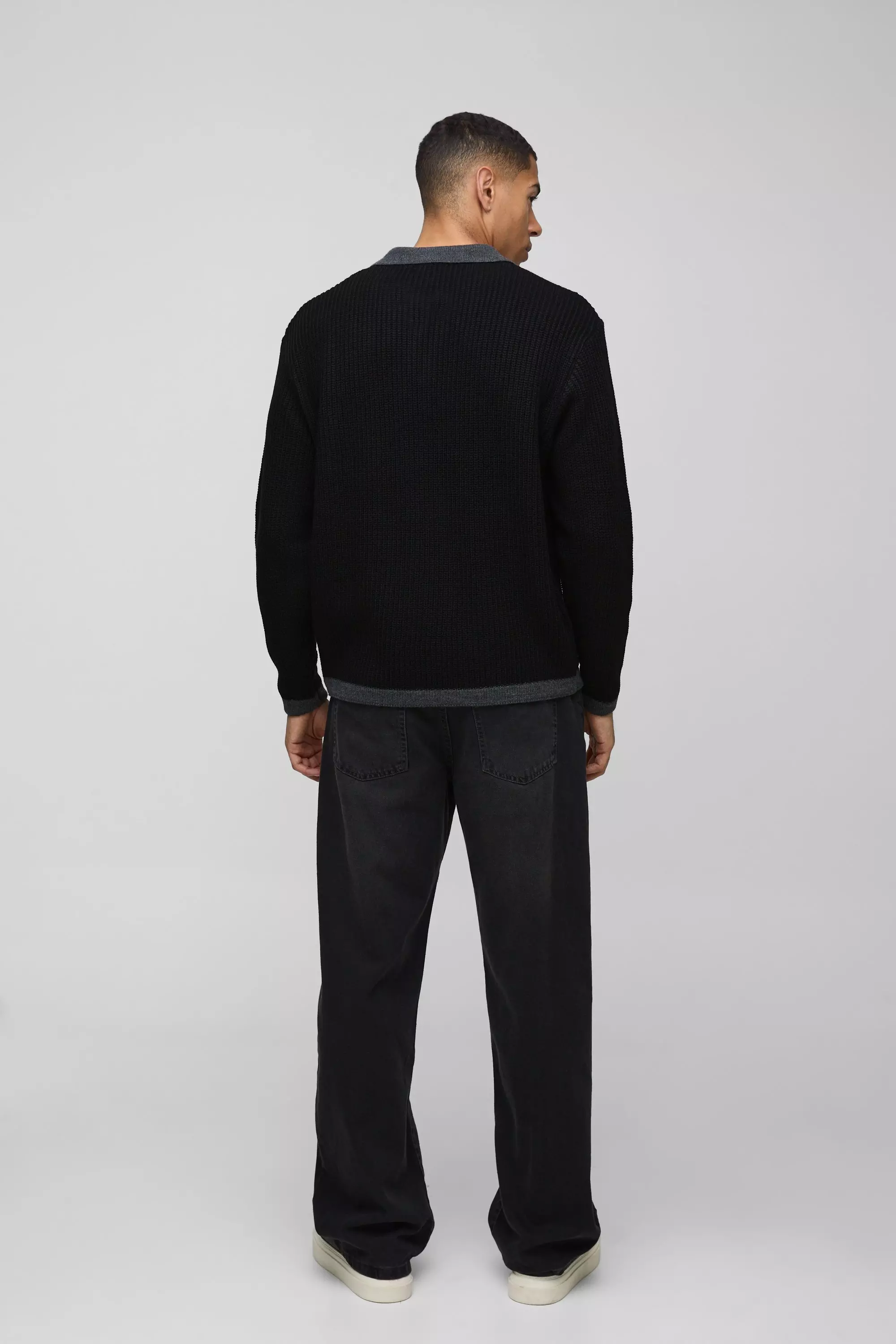 Black Oversized Boxy Knitted Revere Contrast Polo alternative image