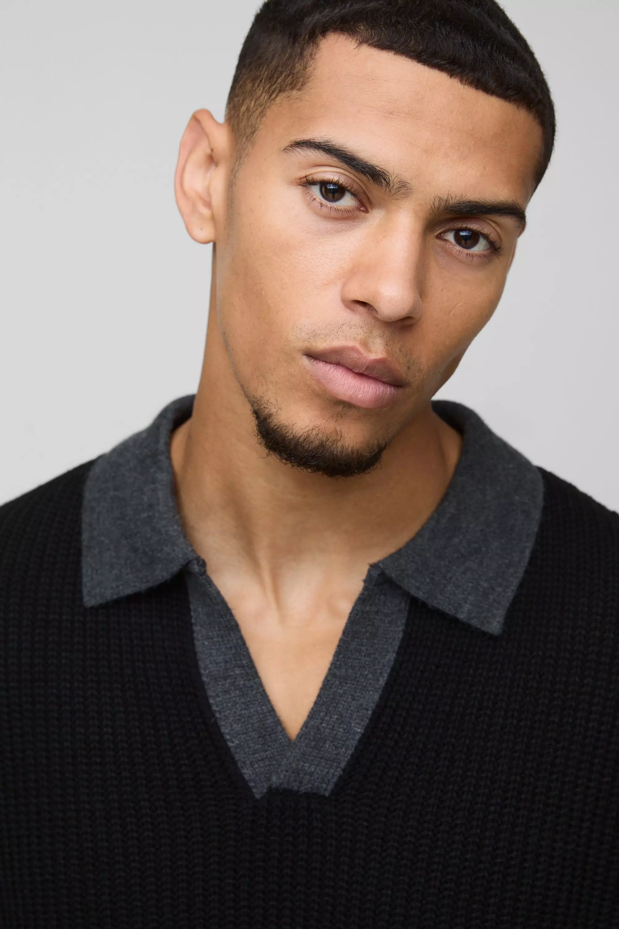 Black Oversized Boxy Knitted Revere Contrast Polo alternative image