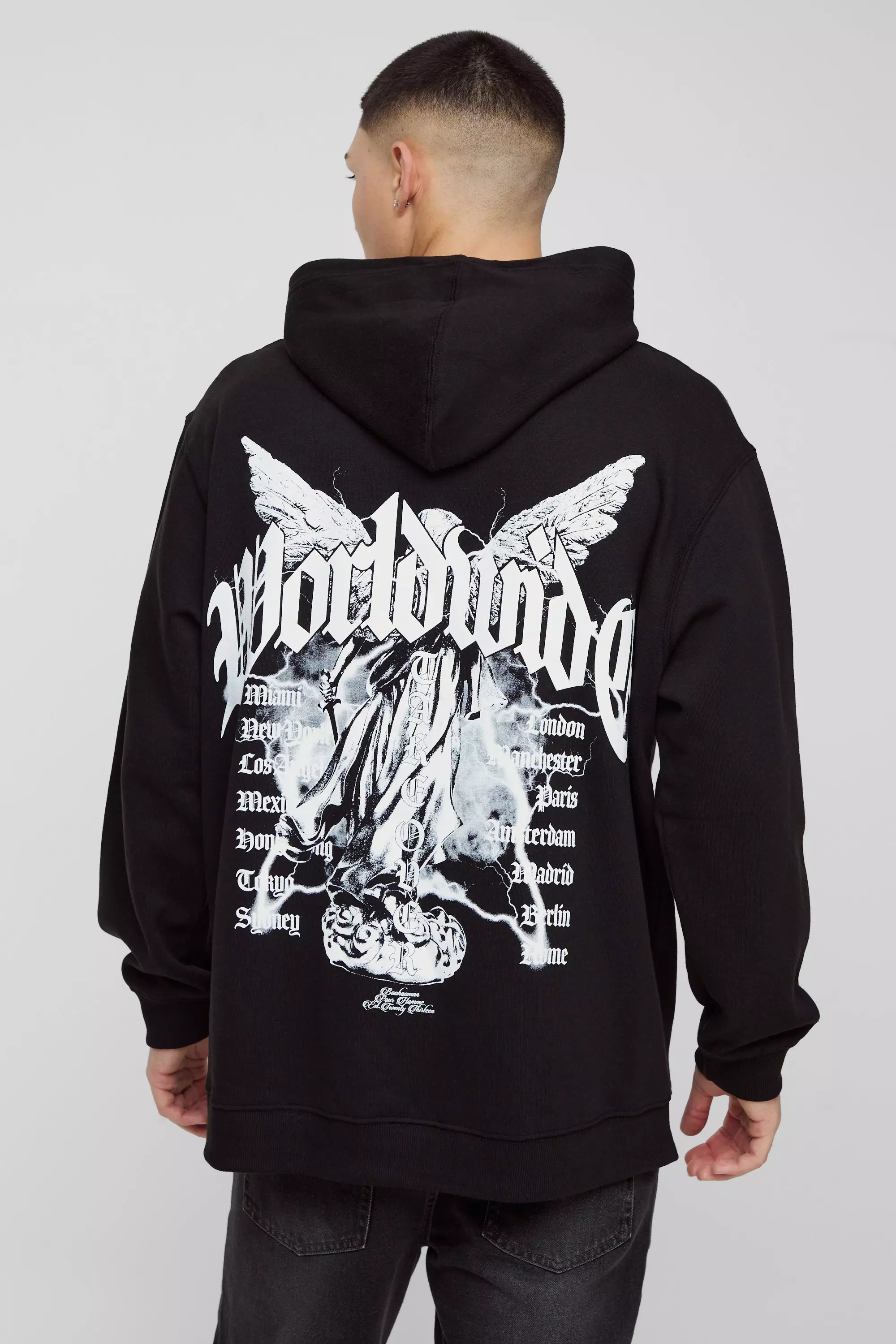 Black Oversized Washed Large Scale Renaissance Graphic Hoodie