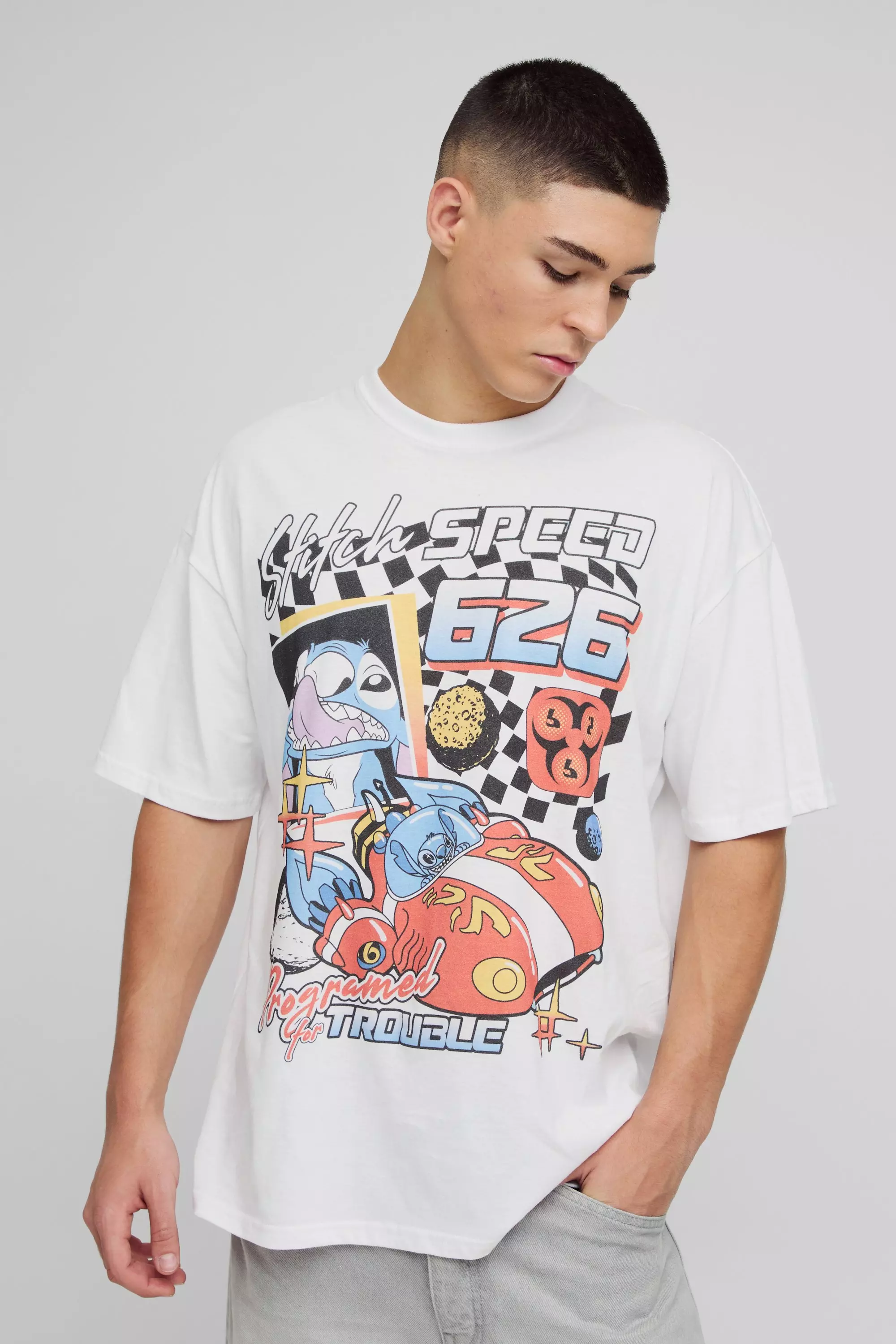 Oversized Disney Stitch Varsity License Print T-Shirt White