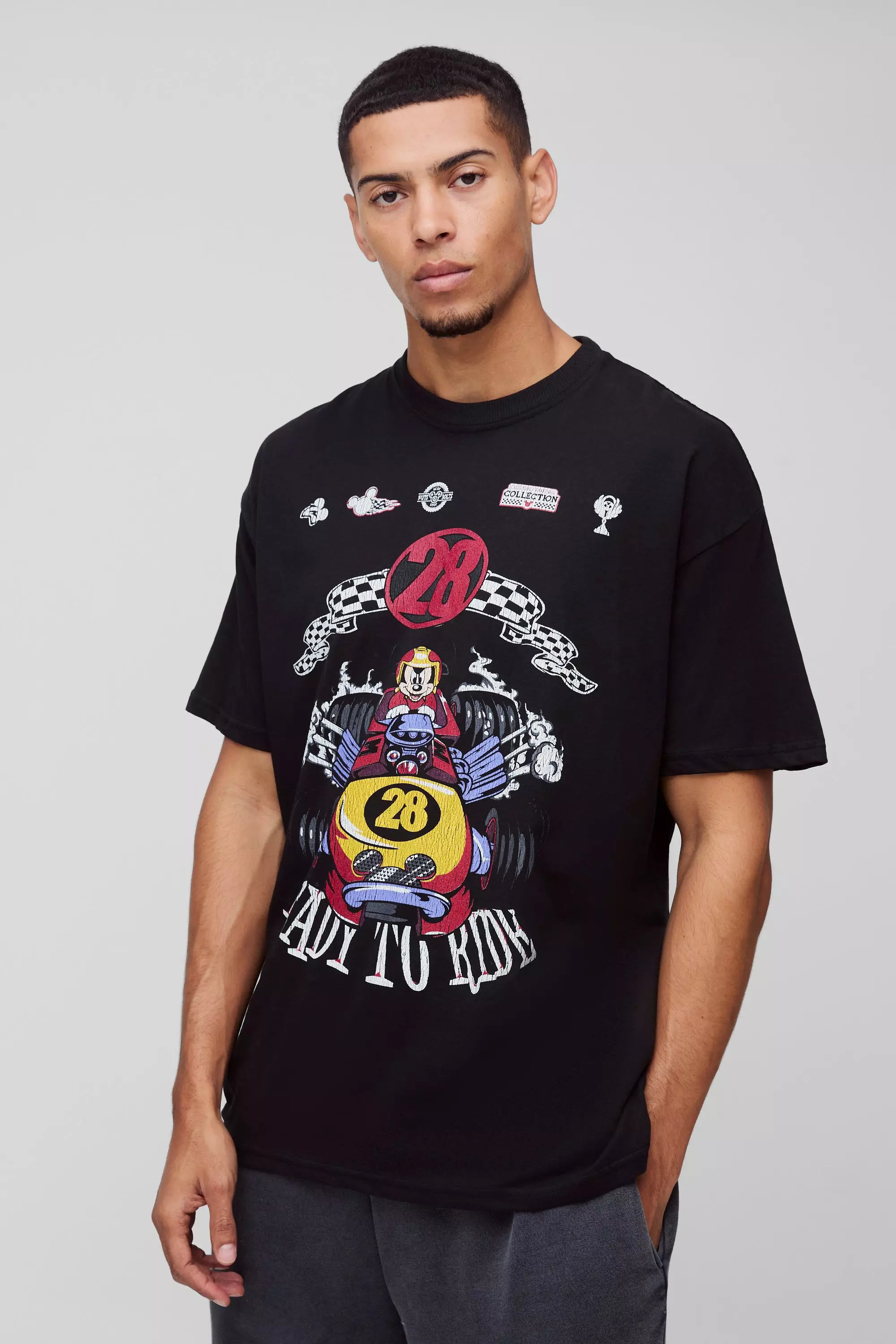 Oversized Disney Mickey Mouse Racing License Print T-Shirt Black