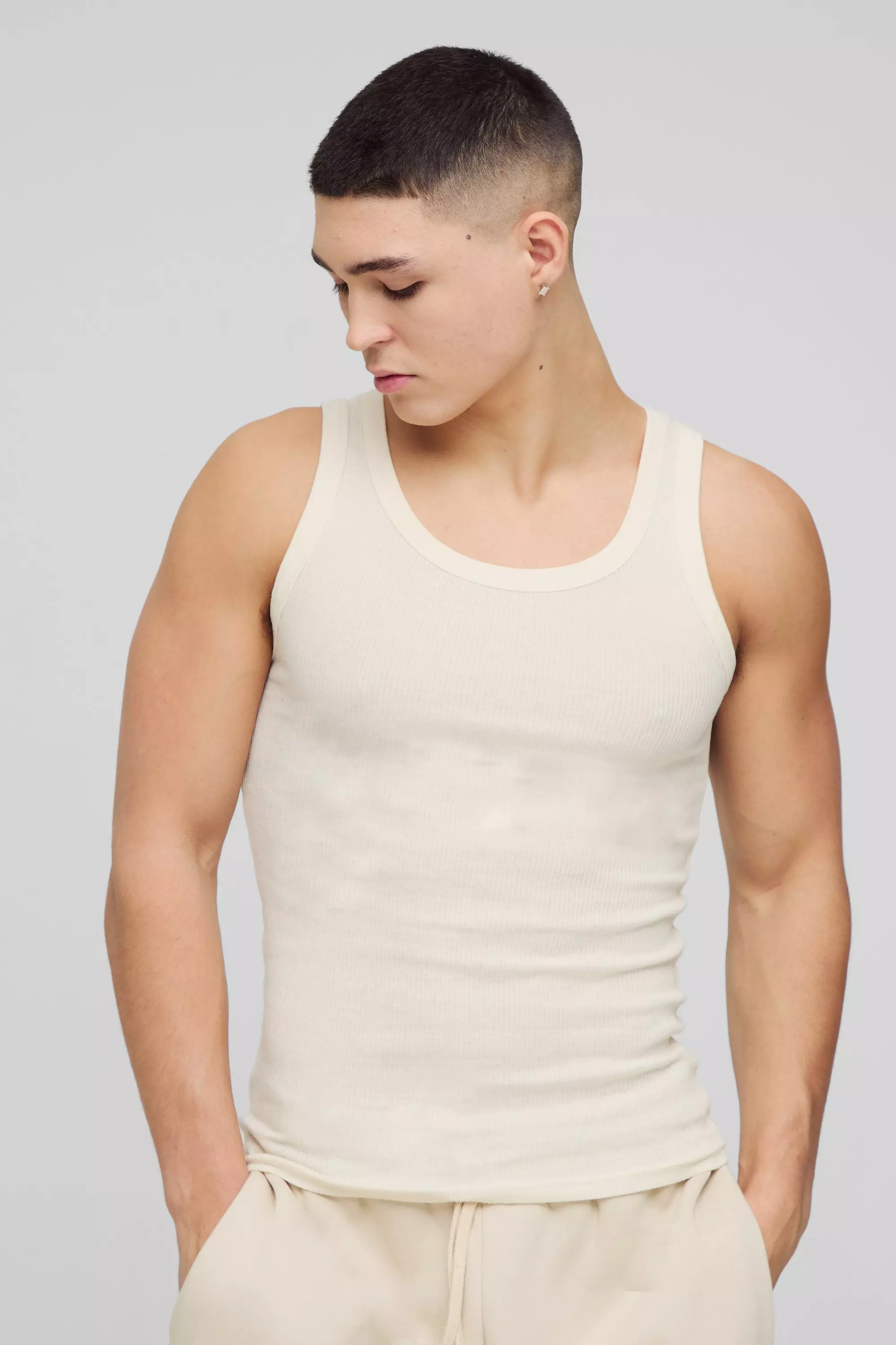 Muscle Fit Ribbed Vest Ecru