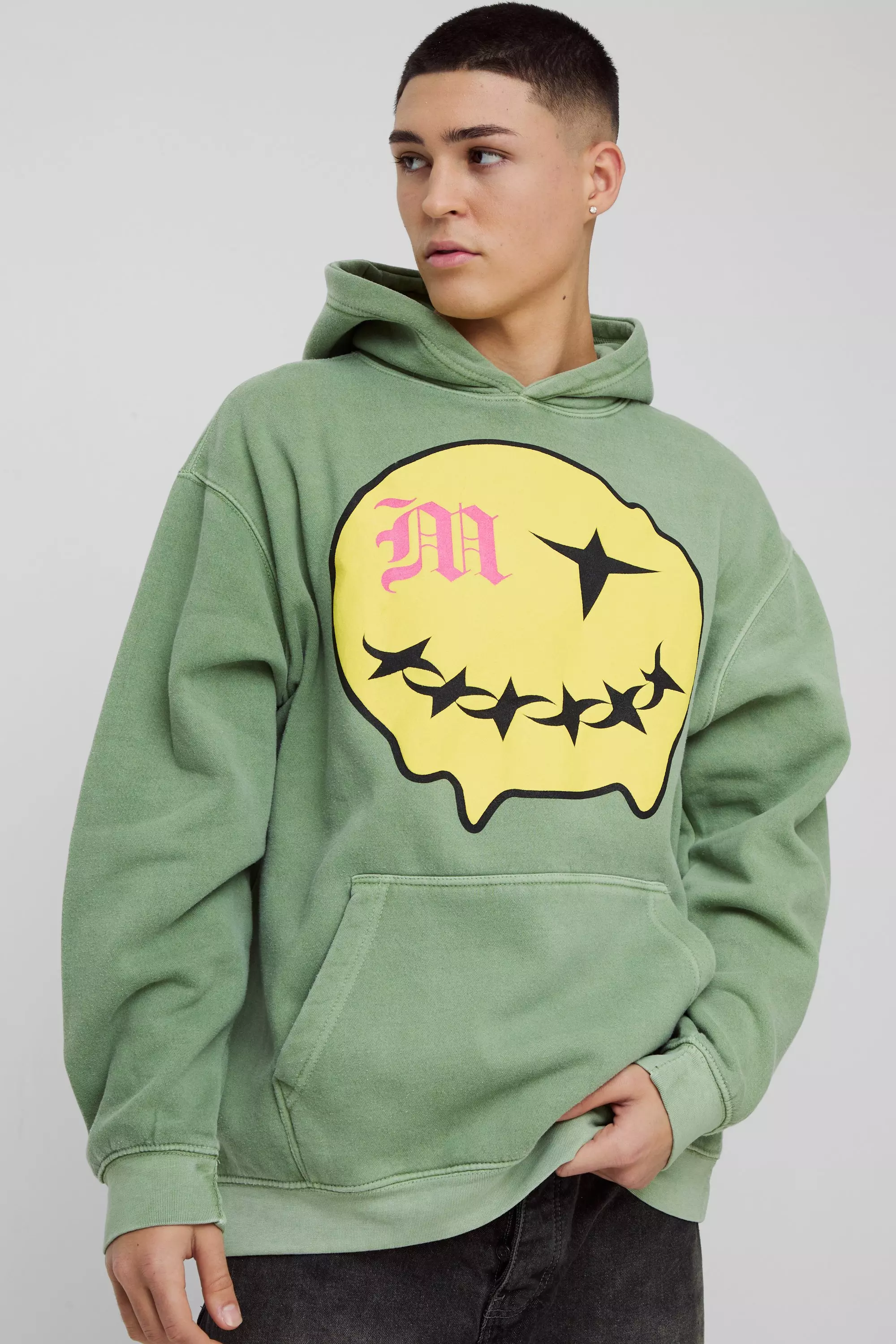 Khaki Oversized Puff Print Smiley Graphic Washed Hoodie alternative image
