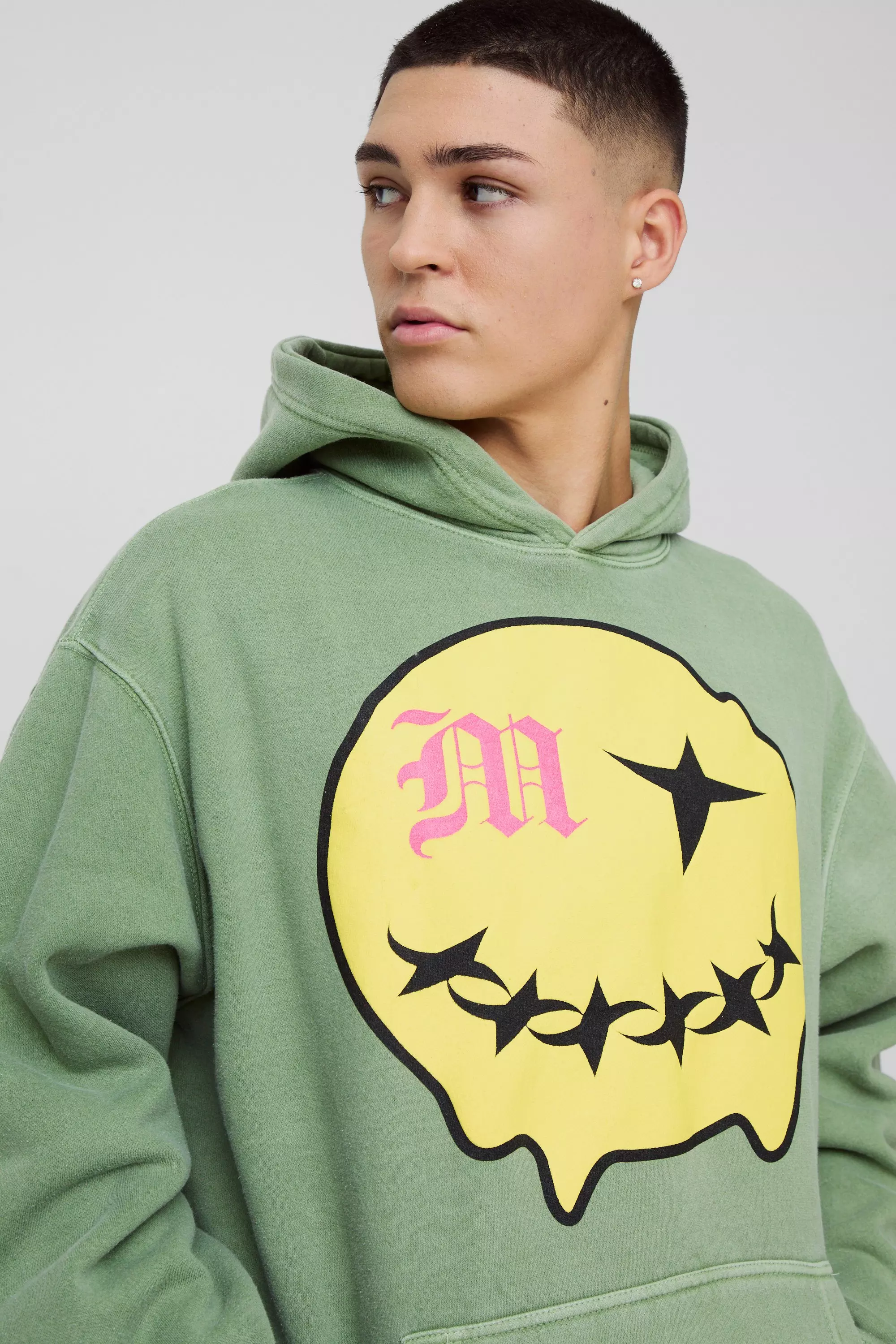 Sweat à capuche oversize délavé à imprimé smiley, Khaki autre image