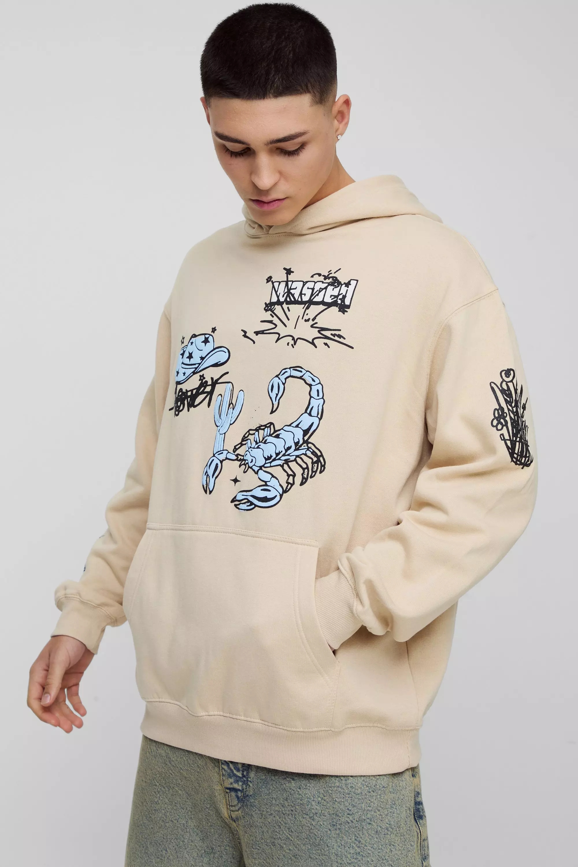 Sand Oversized Puff Print Doodle Graphic Hoodie alternative image