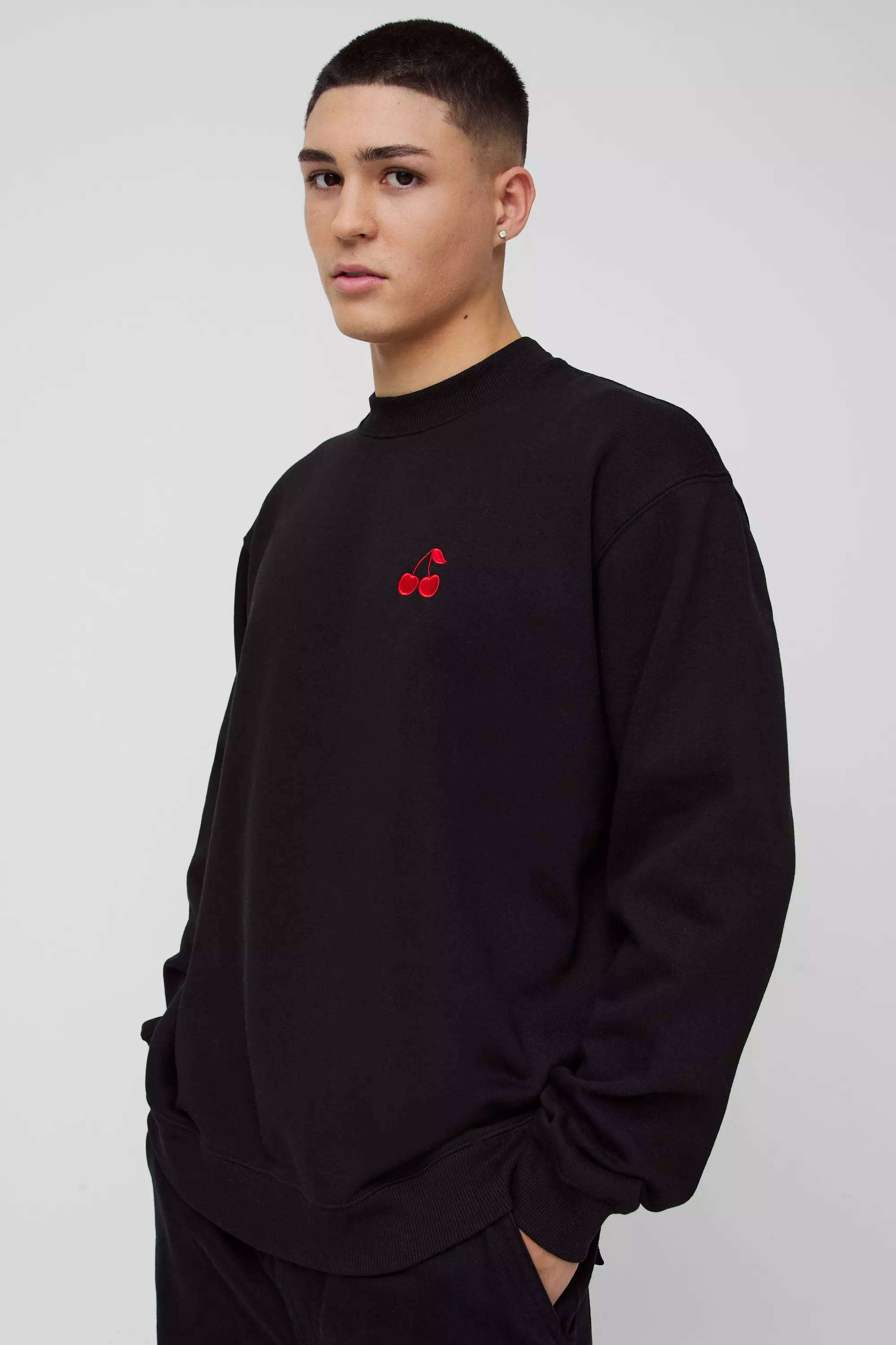 Oversized Cherry Embroidered Sweatshirt Black