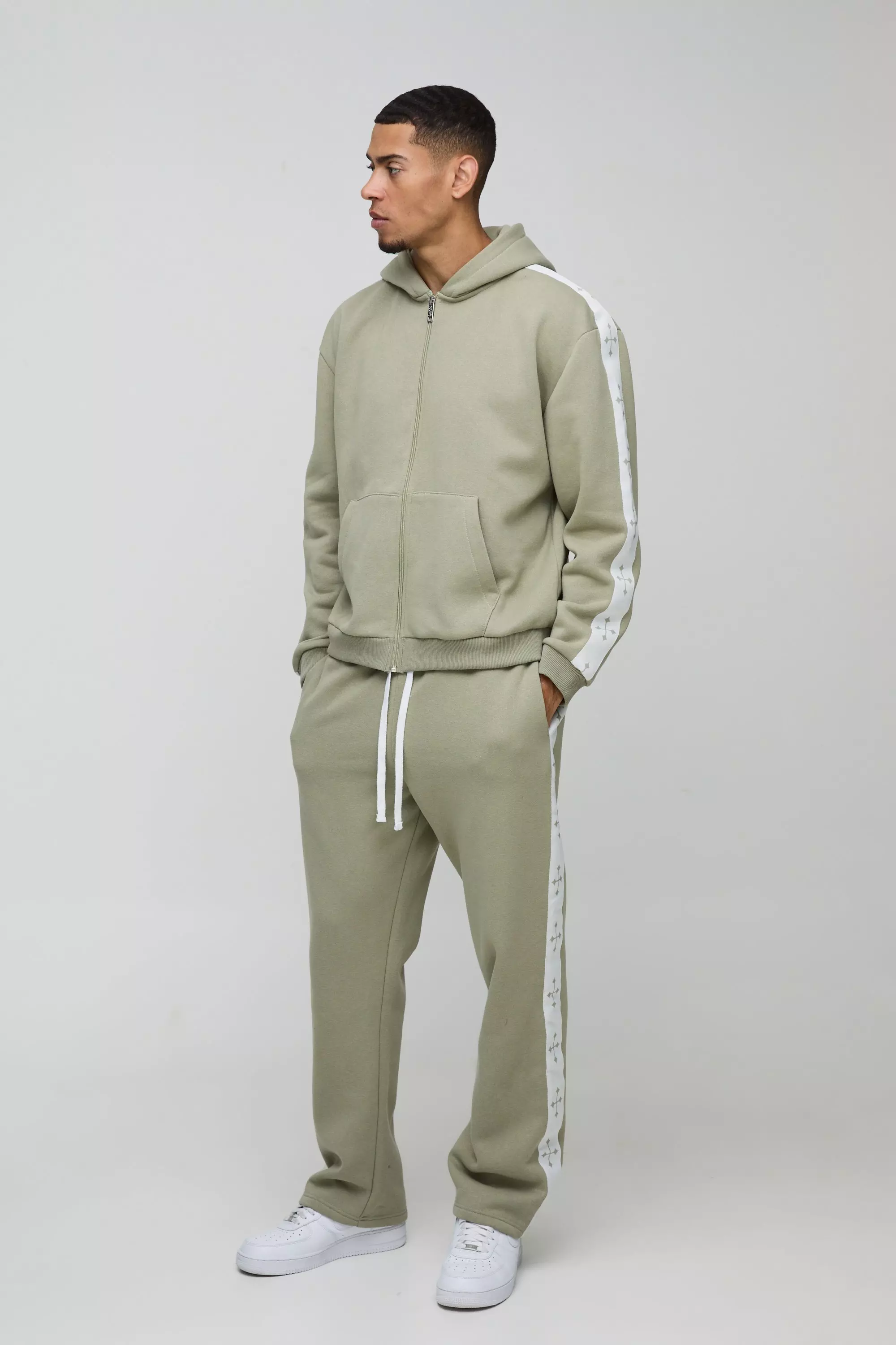 Oversized Boxy Cross Side Tape Zip Through Hooded Tracksuit boohooMAN