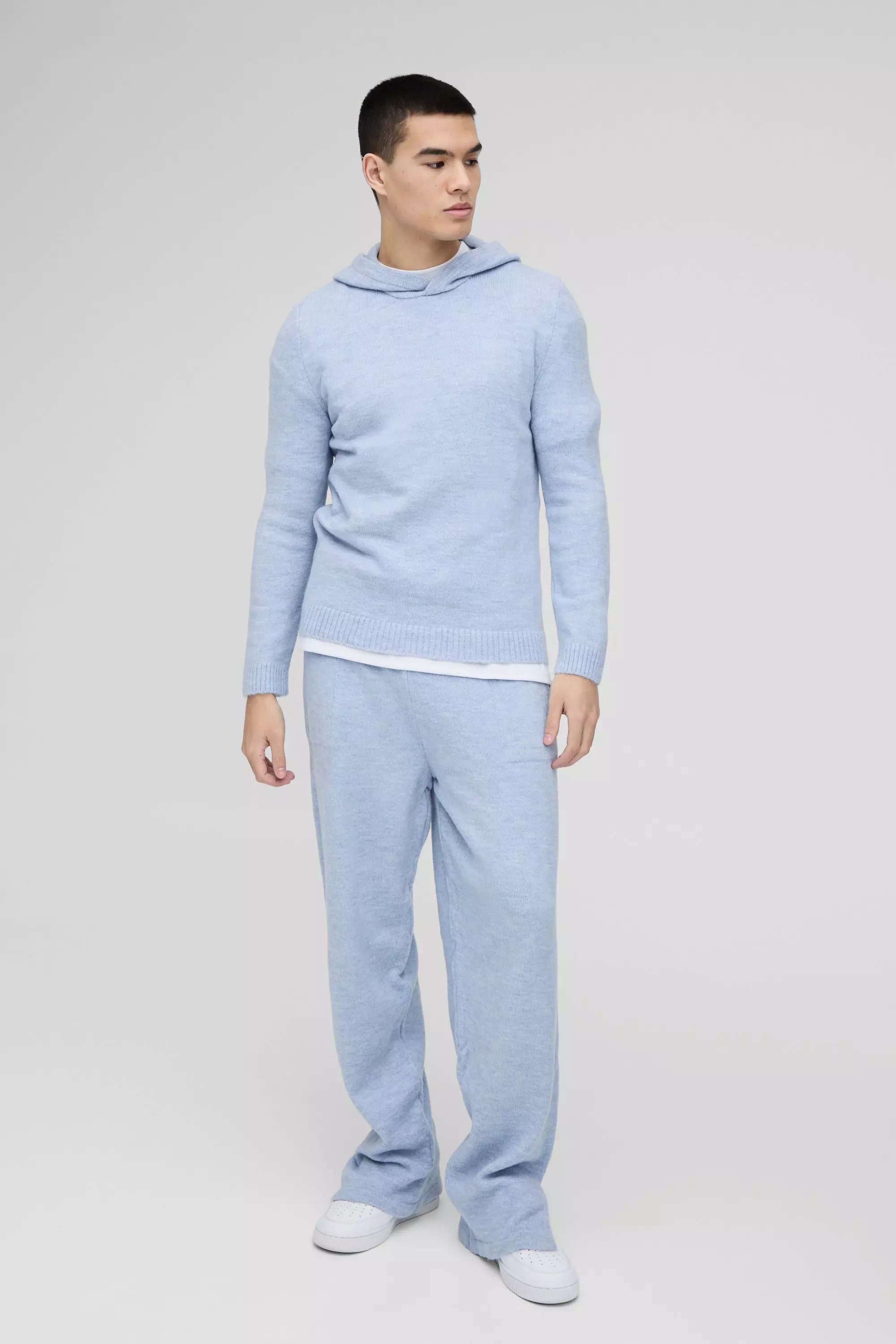 Regular Fit Brushed Knit Hoodie Split Hem Tracksuit Light blue