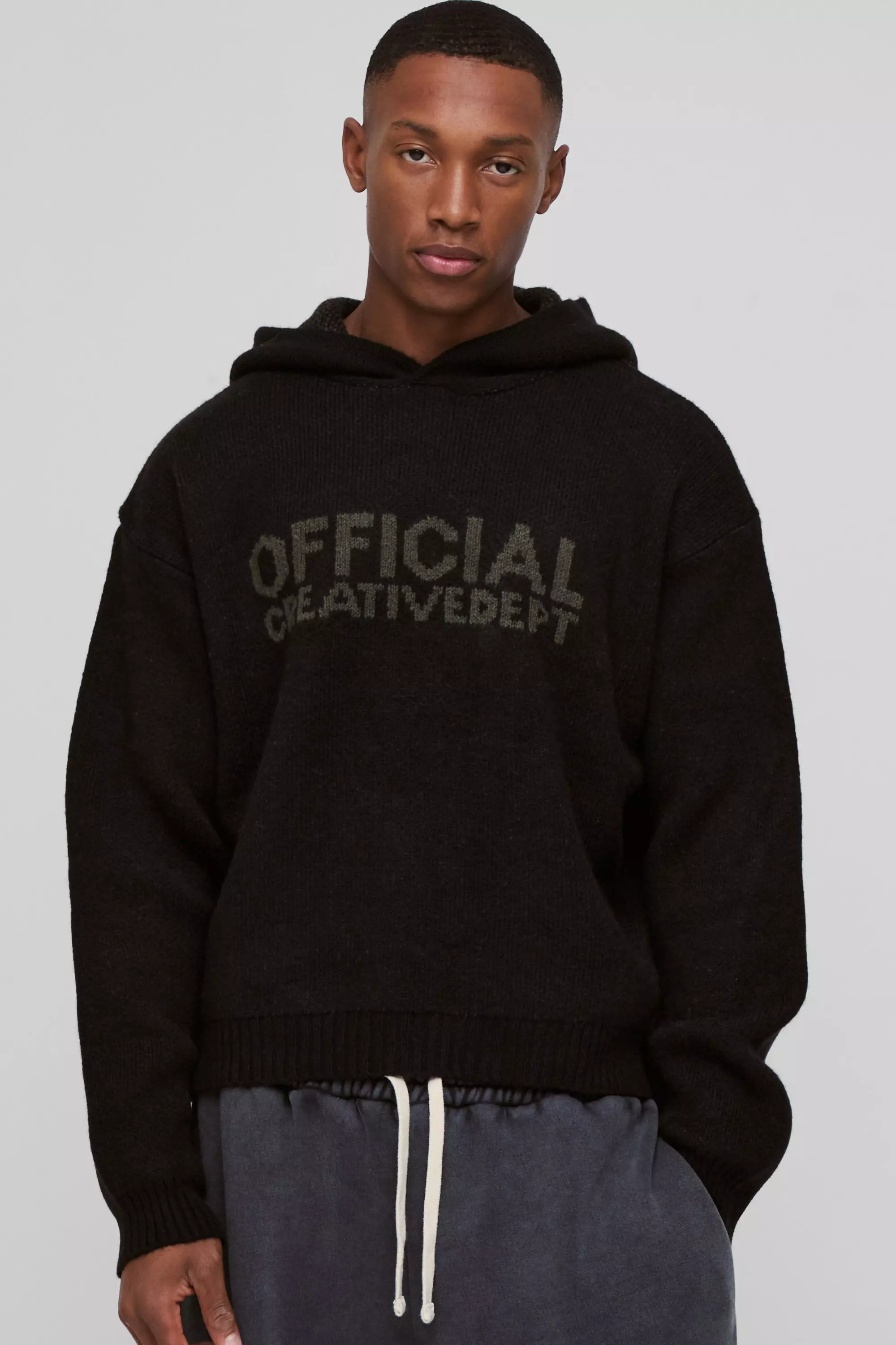 Black Oversized Boxy Official Slogan Knit Hoodie