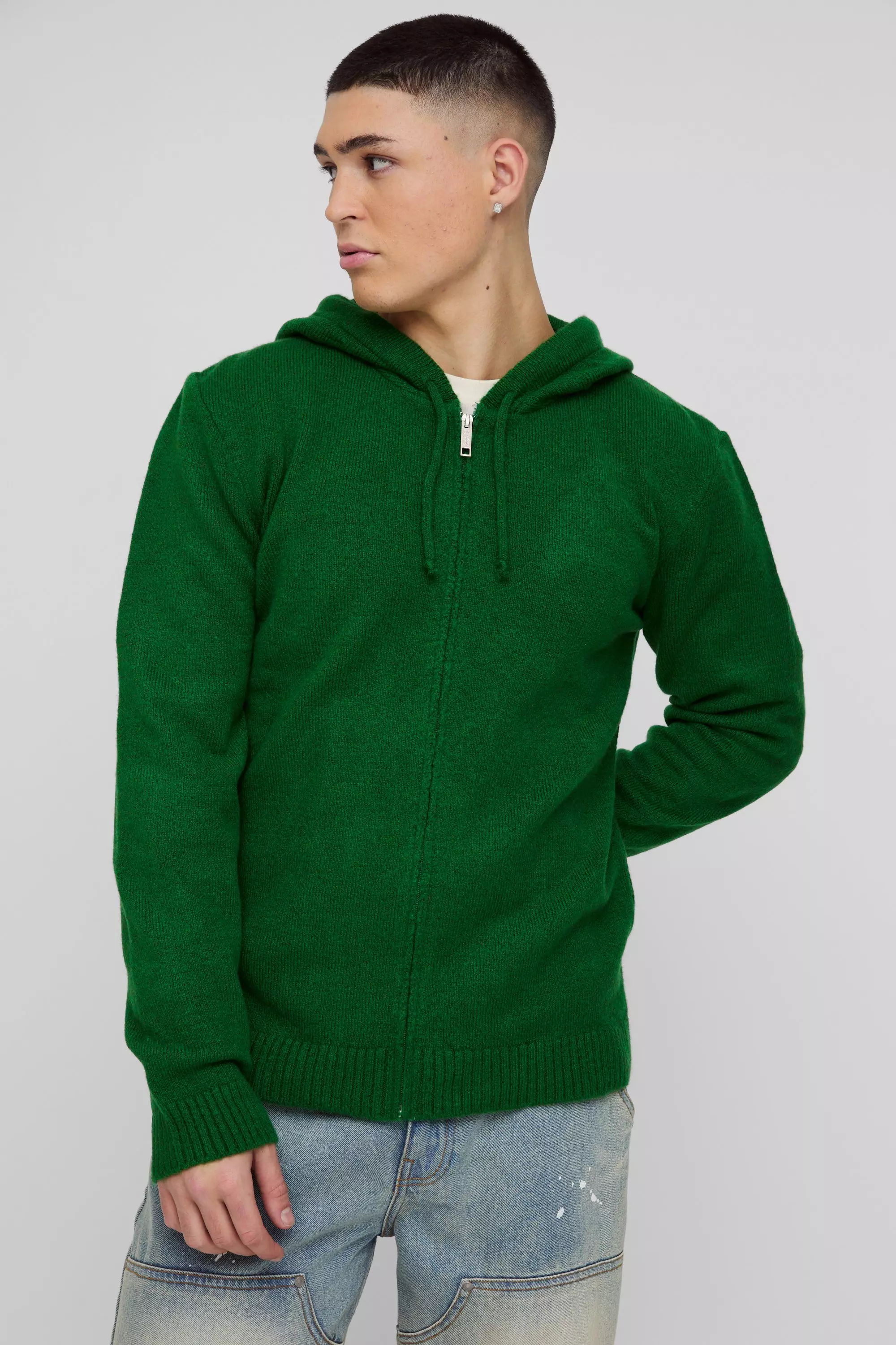 Green Regular Fit Zip Through Knitted Hoodie