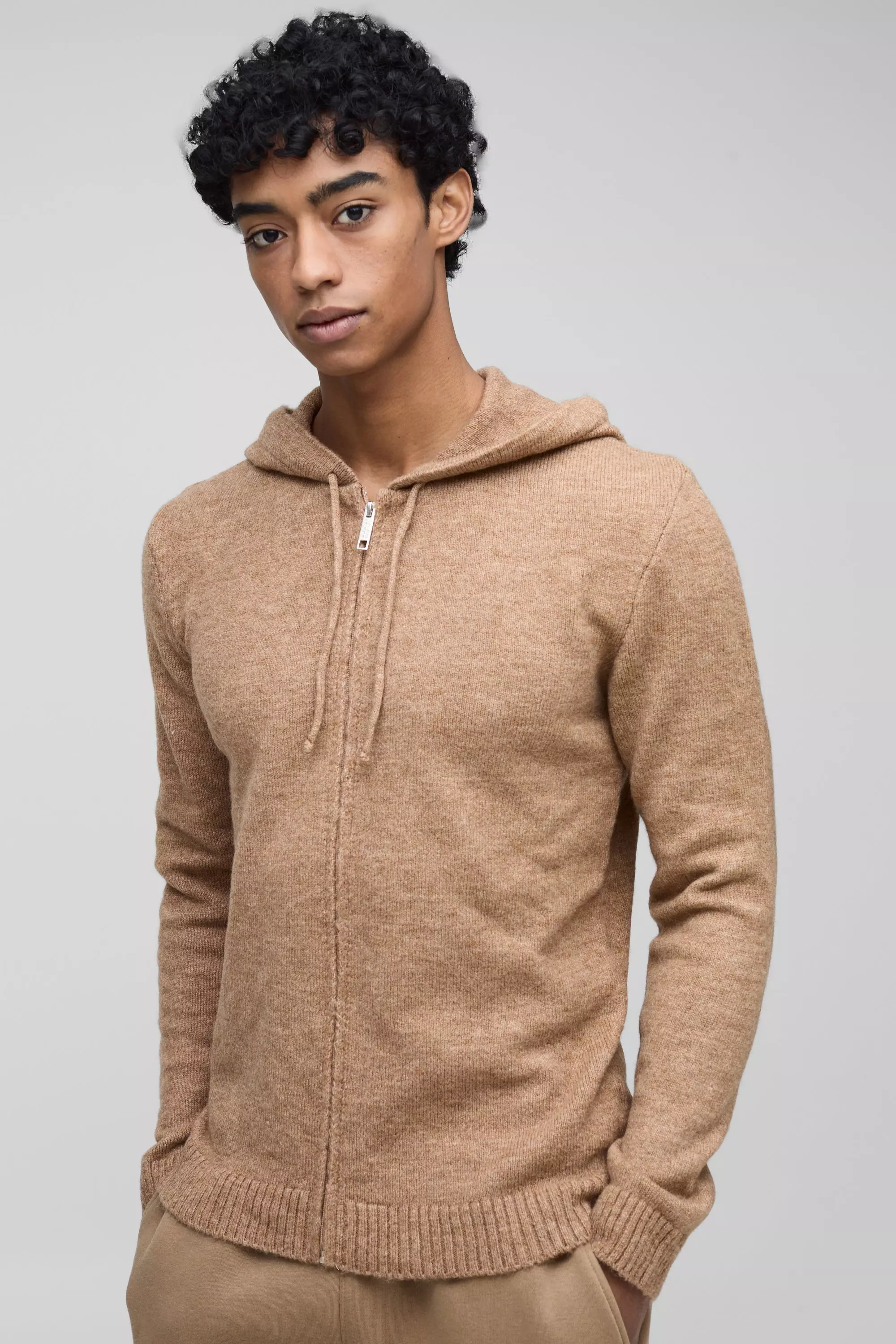 Felpa In Maglia Regular Fit Con Zip E Cappuccio, Brown immagine alternativa
