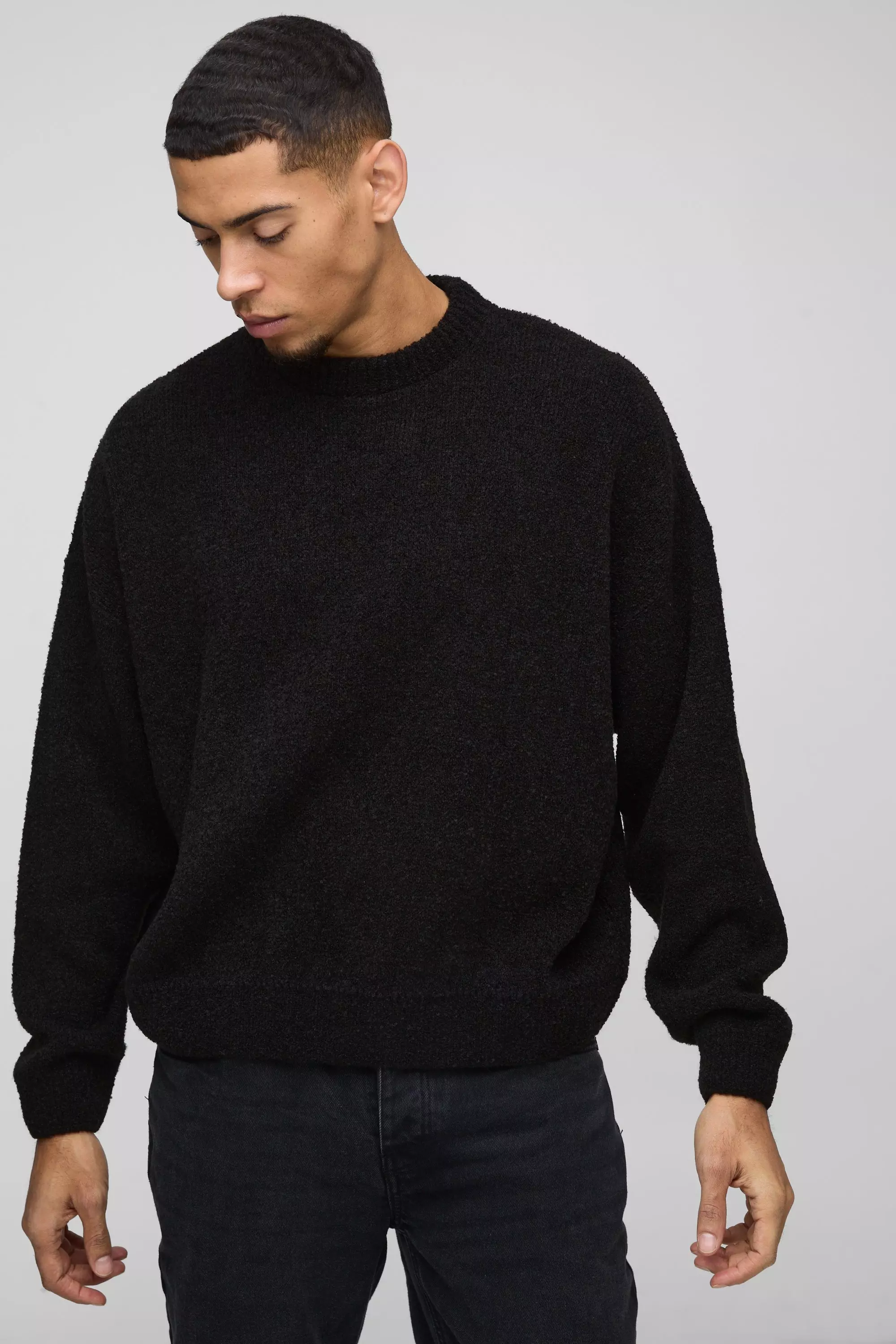 Black Boxy Boucle Knitted Sweatshirt