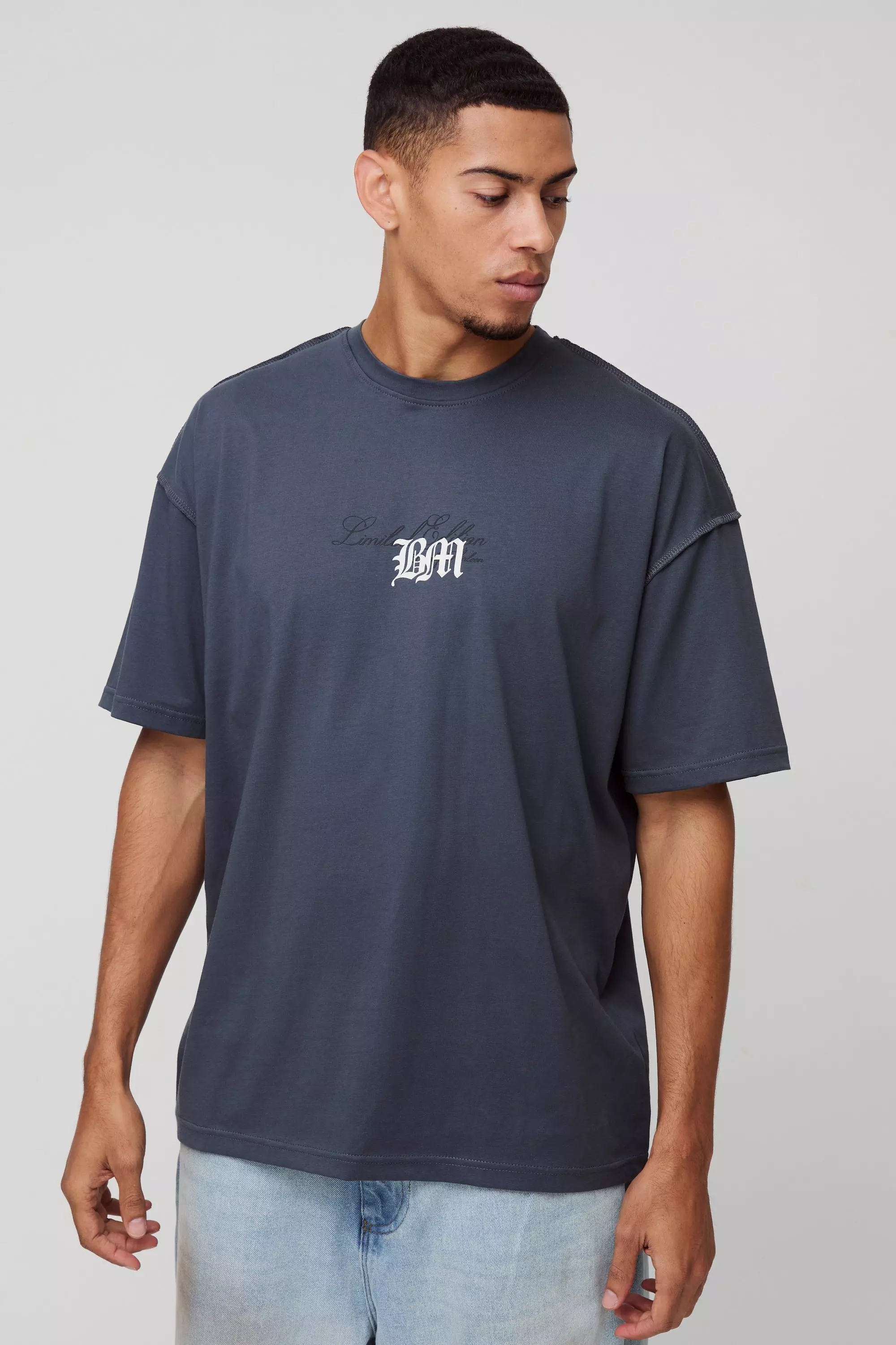 Charcoal Oversized Dik Gebleekt Overlock T-Shirt Met Print alternatieve afbeelding