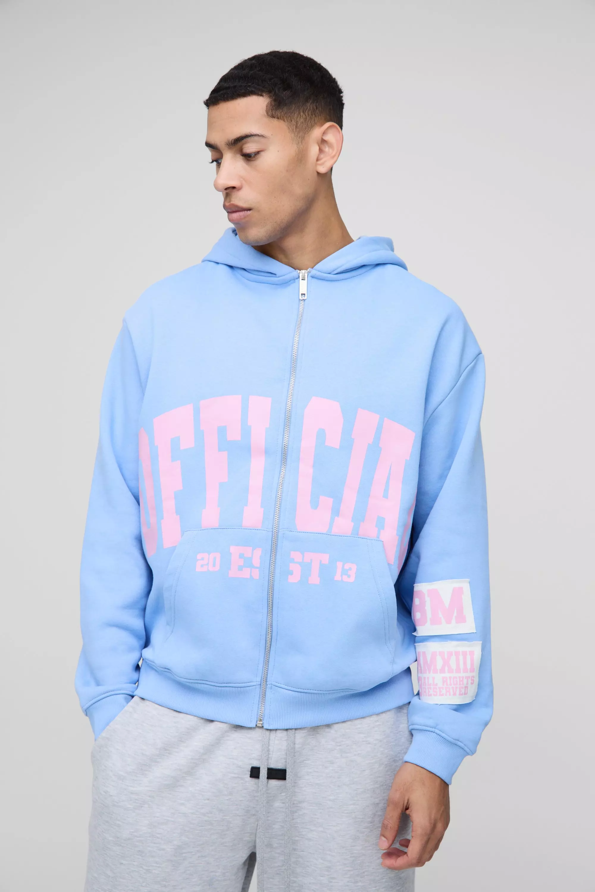 Blue Oversized Official Raw Edge Applique Badge Zip Through Hoodie