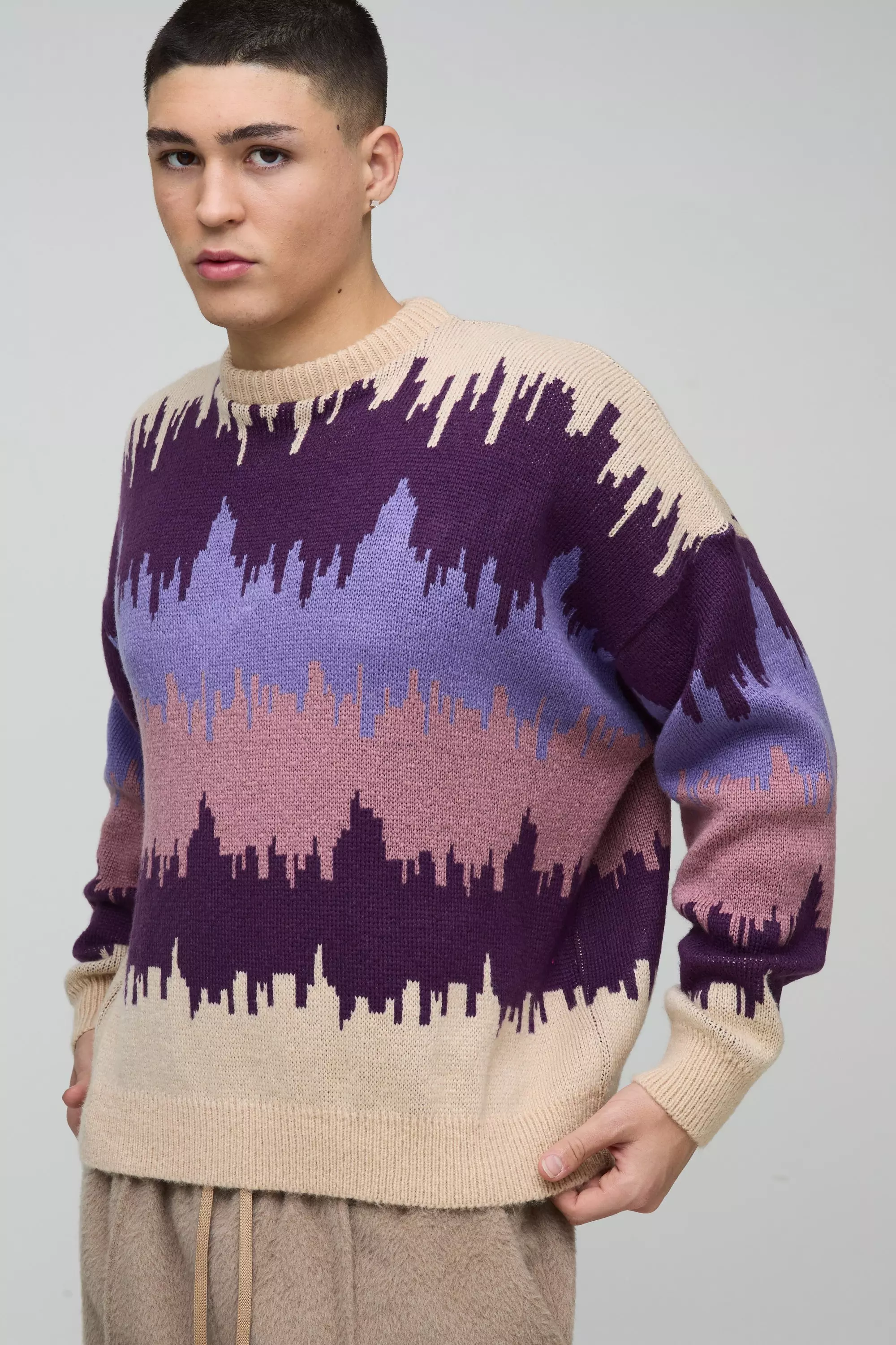 Oversized Boxy Dropped Shoulder Brushed Abstract Knitted Jumper Brown