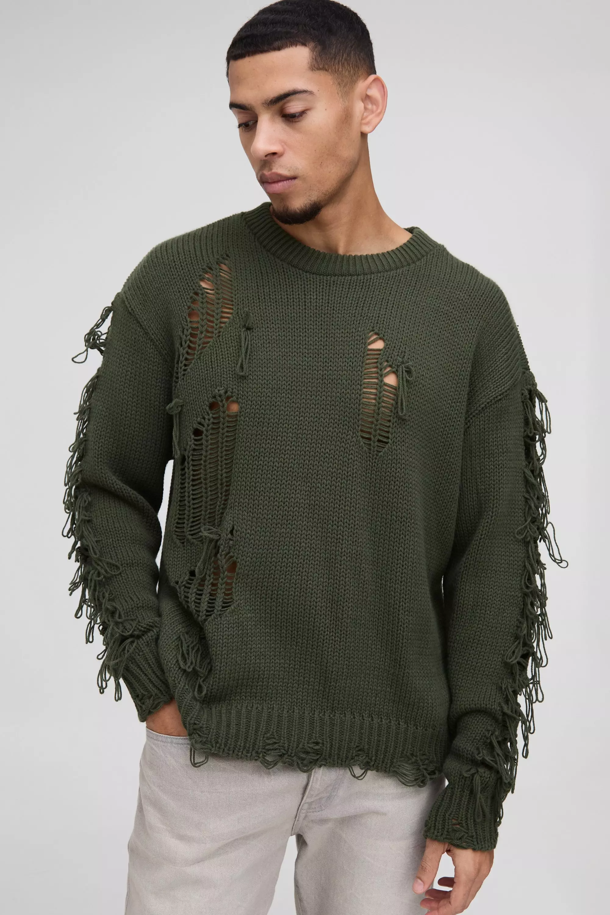Oversized Boxy Distressed Textured Knitted Sweater