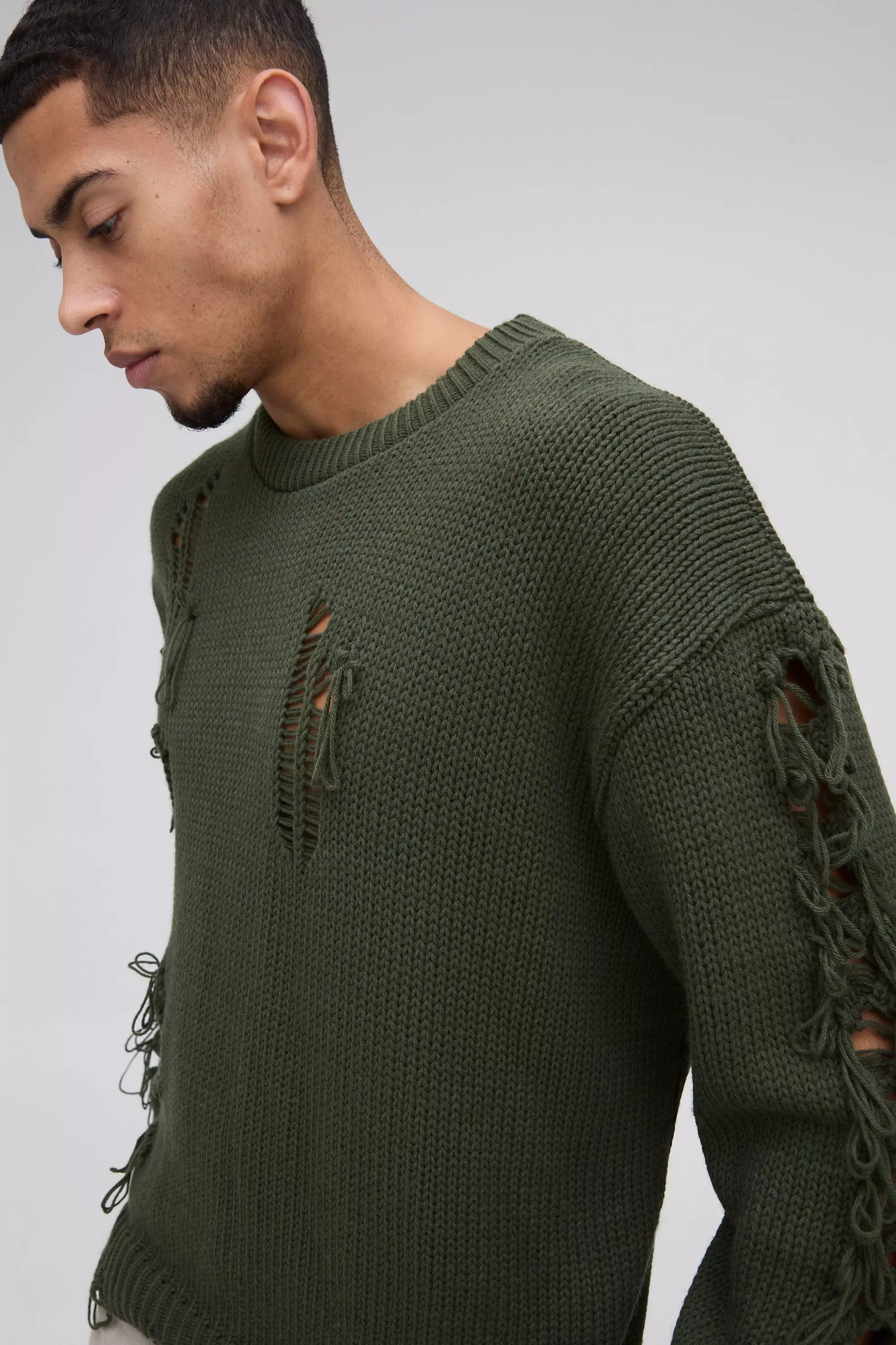 Oversized Boxy Distressed Textured Knitted Sweater