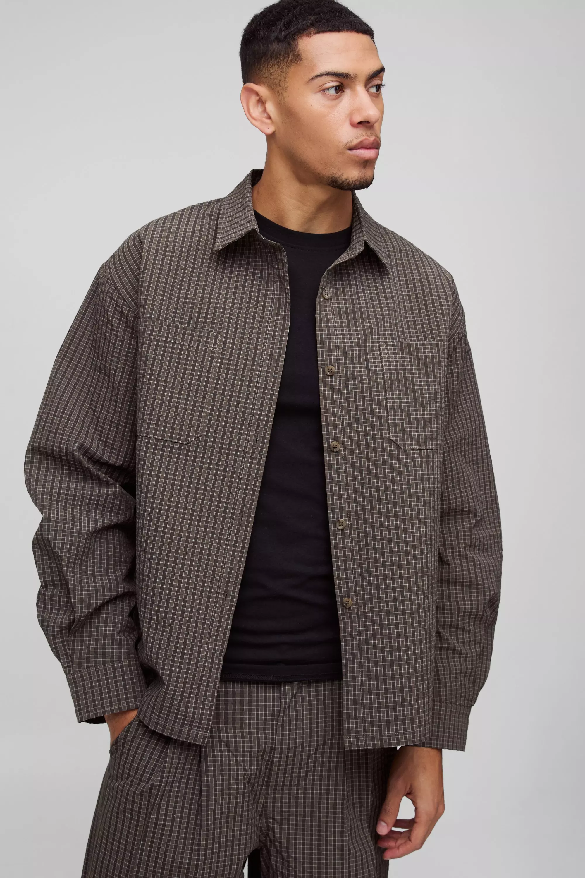 Charcoal Oversized Ripstop Check Gathered Sleeve Shirt alternative image