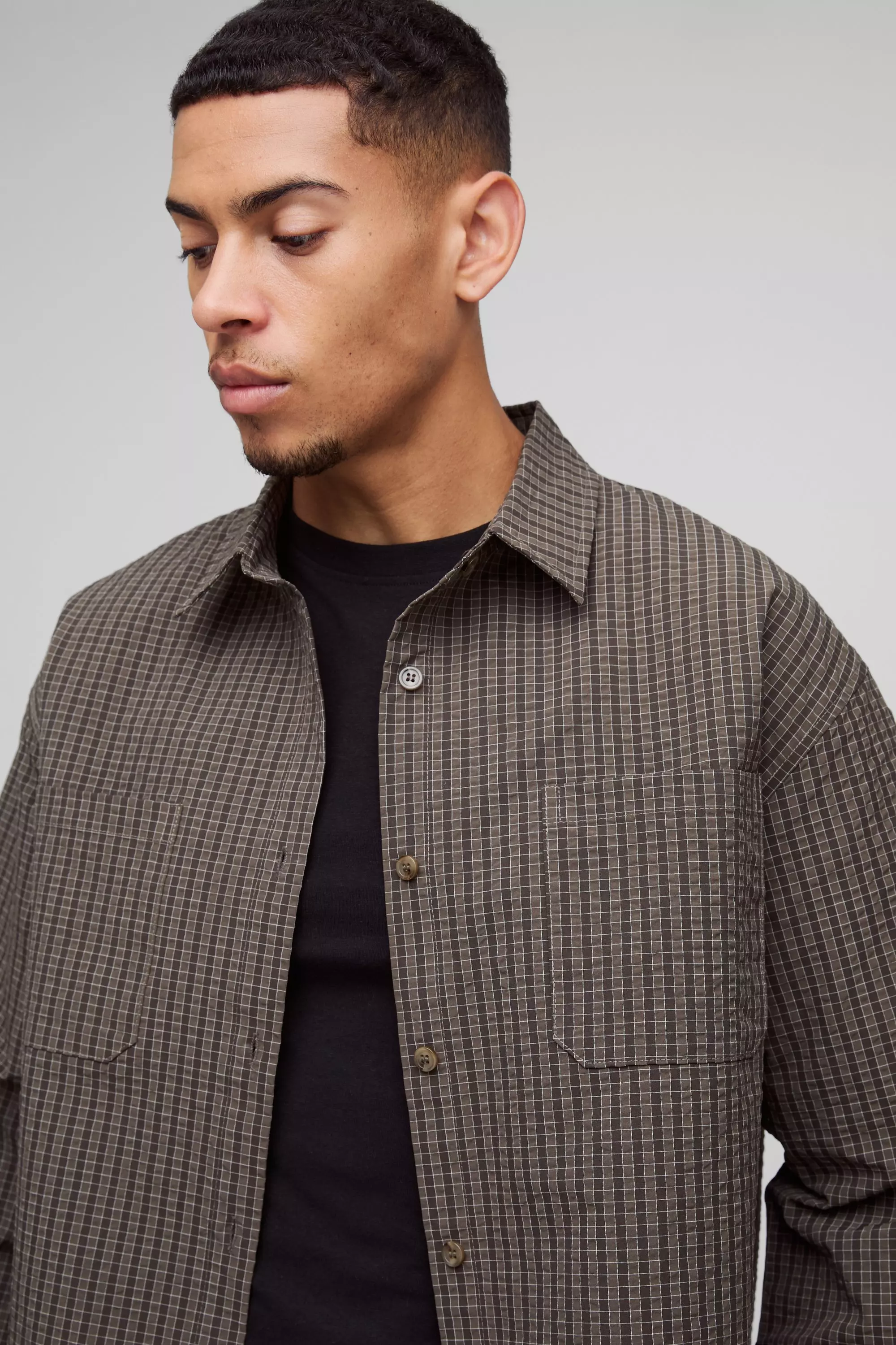 Charcoal Oversized Ripstop Check Gathered Sleeve Shirt alternative image
