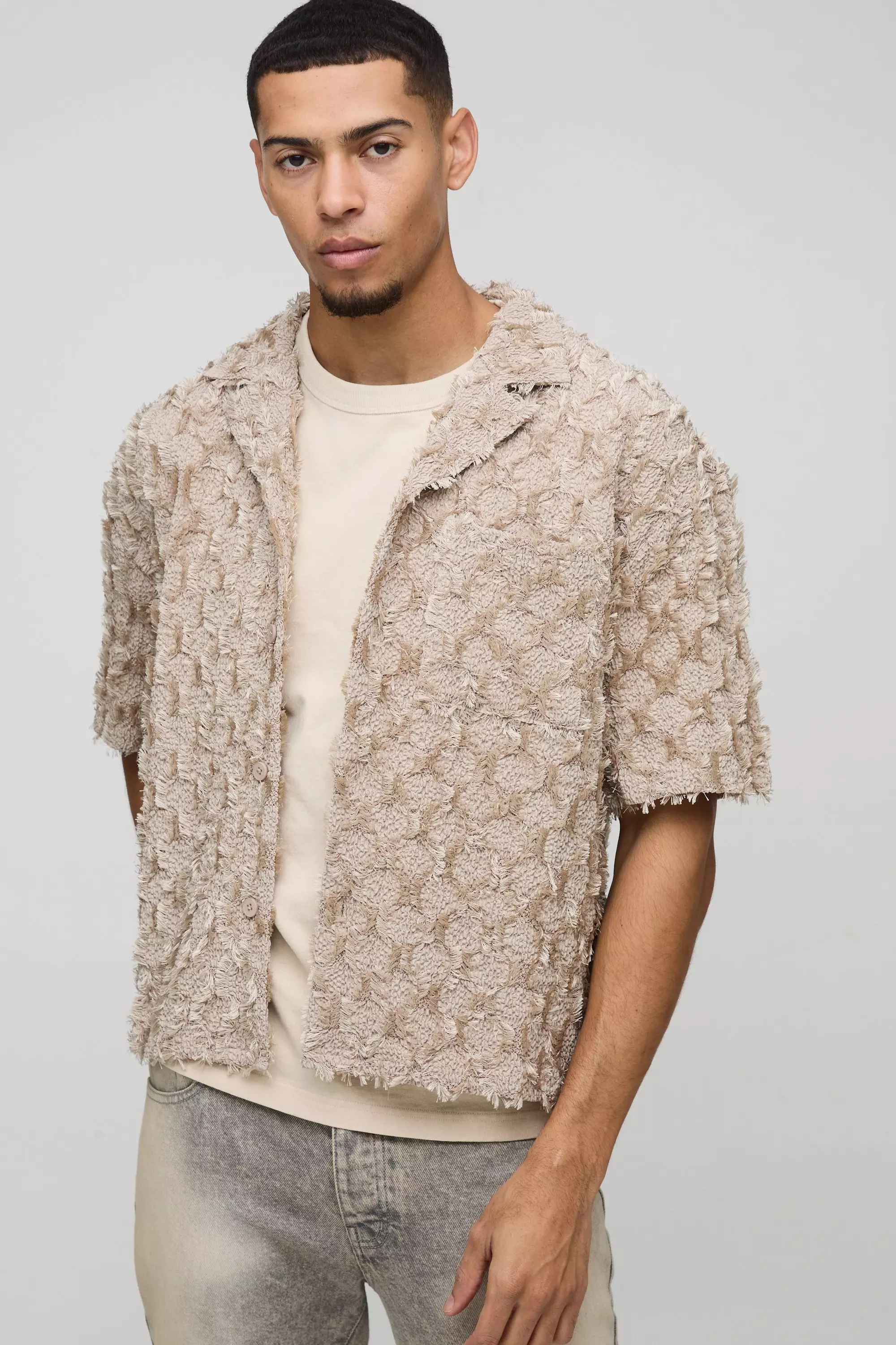 Taupe Oversized Boxy Revere Tufted Crinkle Shirt alternative image