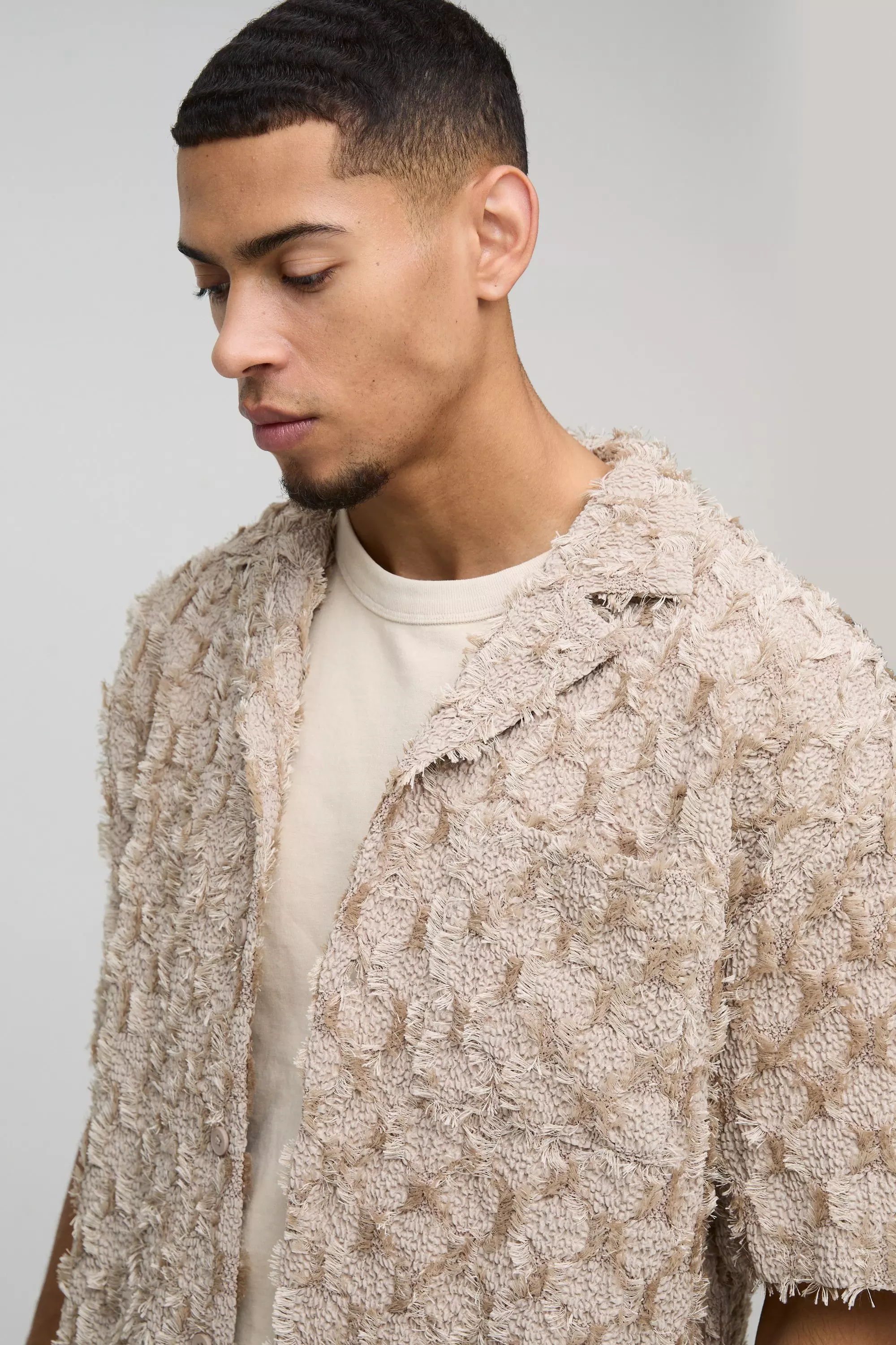Taupe Oversized Boxy Revere Tufted Crinkle Shirt alternative image