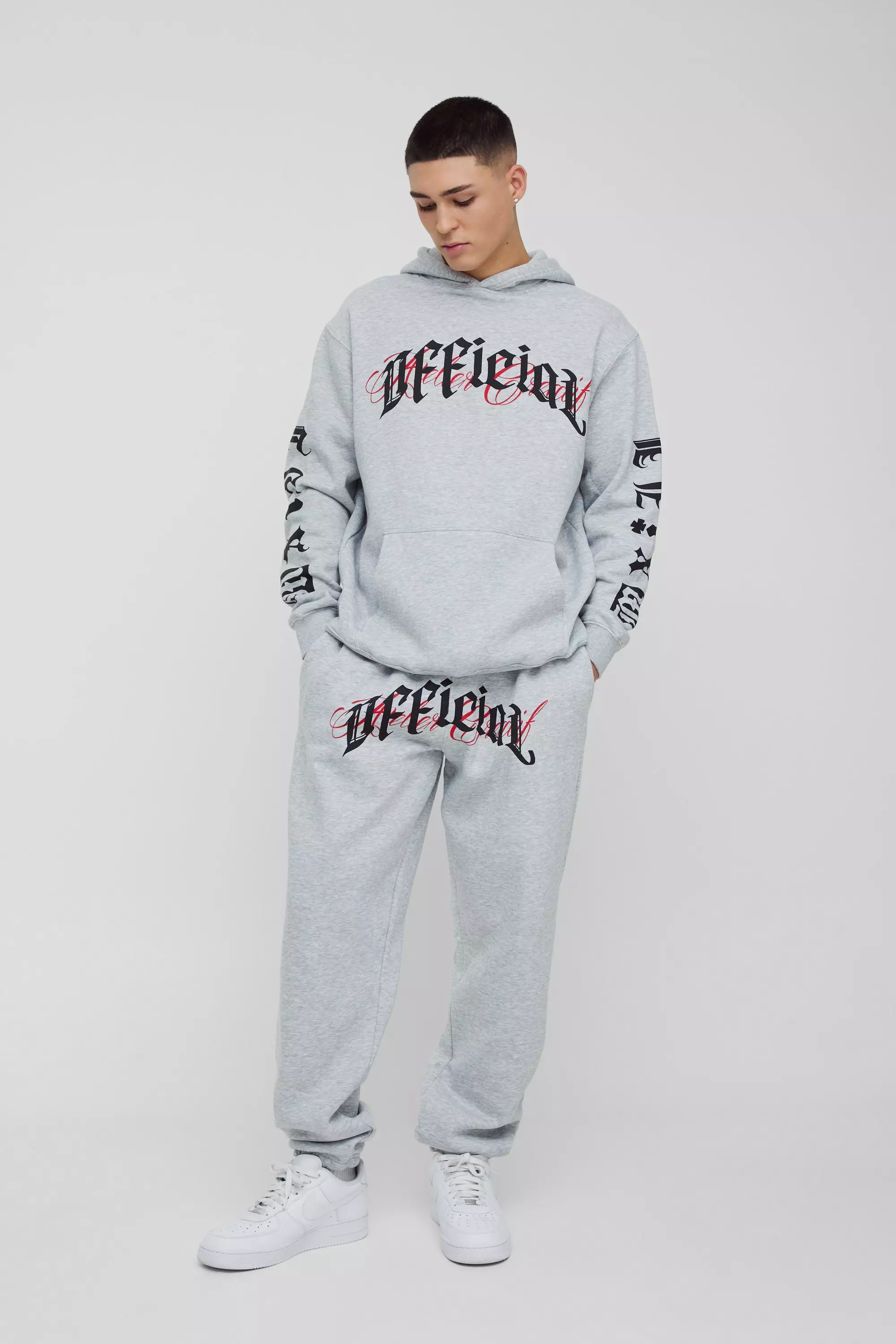 Oversized Official Crotch Print Hooded Tracksuit Grey