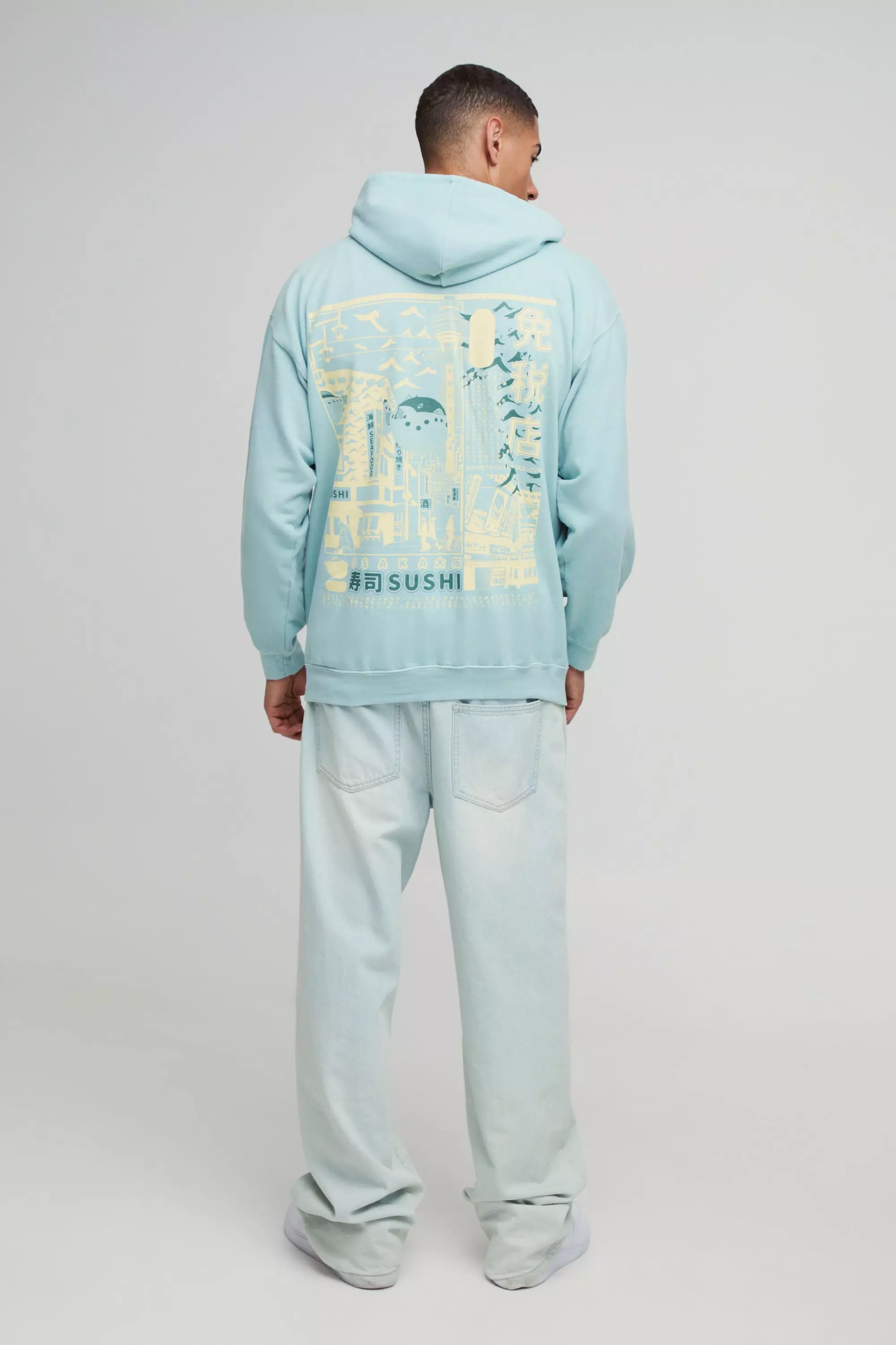 Dusty blue Oversized Sushi Graphic Washed Hoodie alternative image