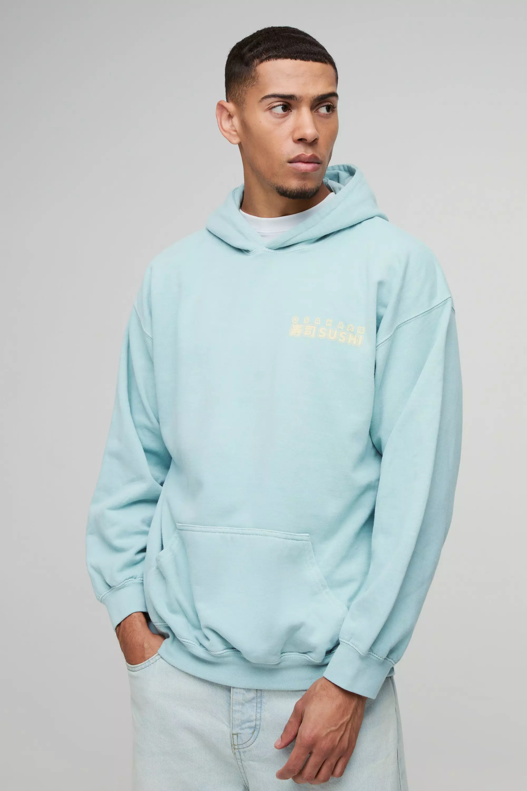 Dusty blue Oversized Sushi Graphic Washed Hoodie alternative image