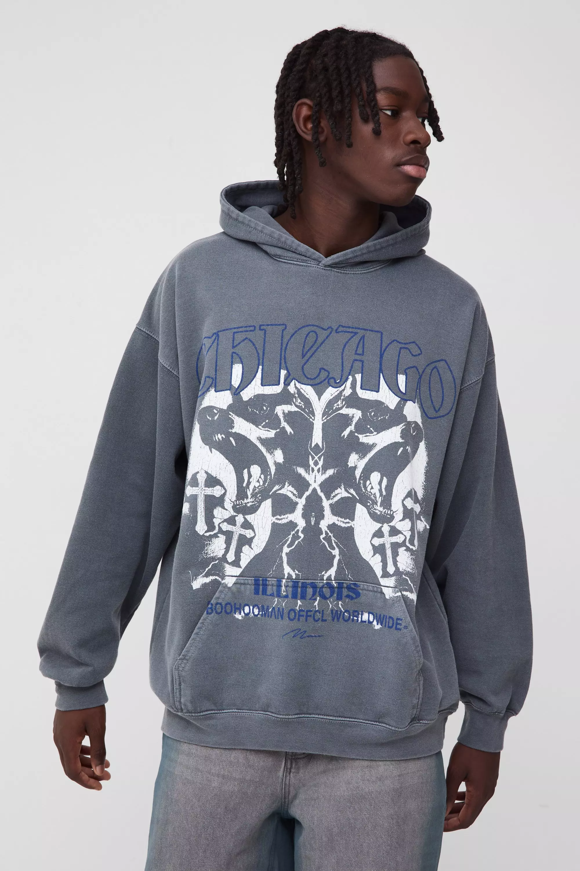 Oversized Chicago Gothic Cross Graphic Washed Hoodie Charcoal