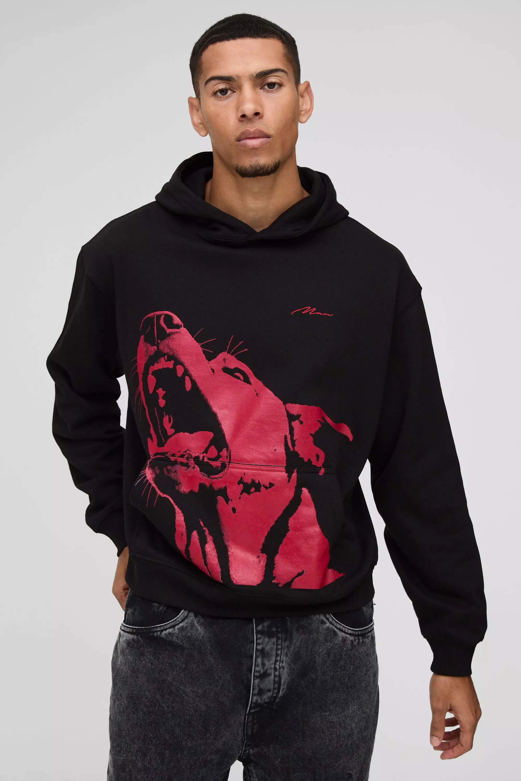 Boxy Man Dog Graphic Embroidered Hoodie Black