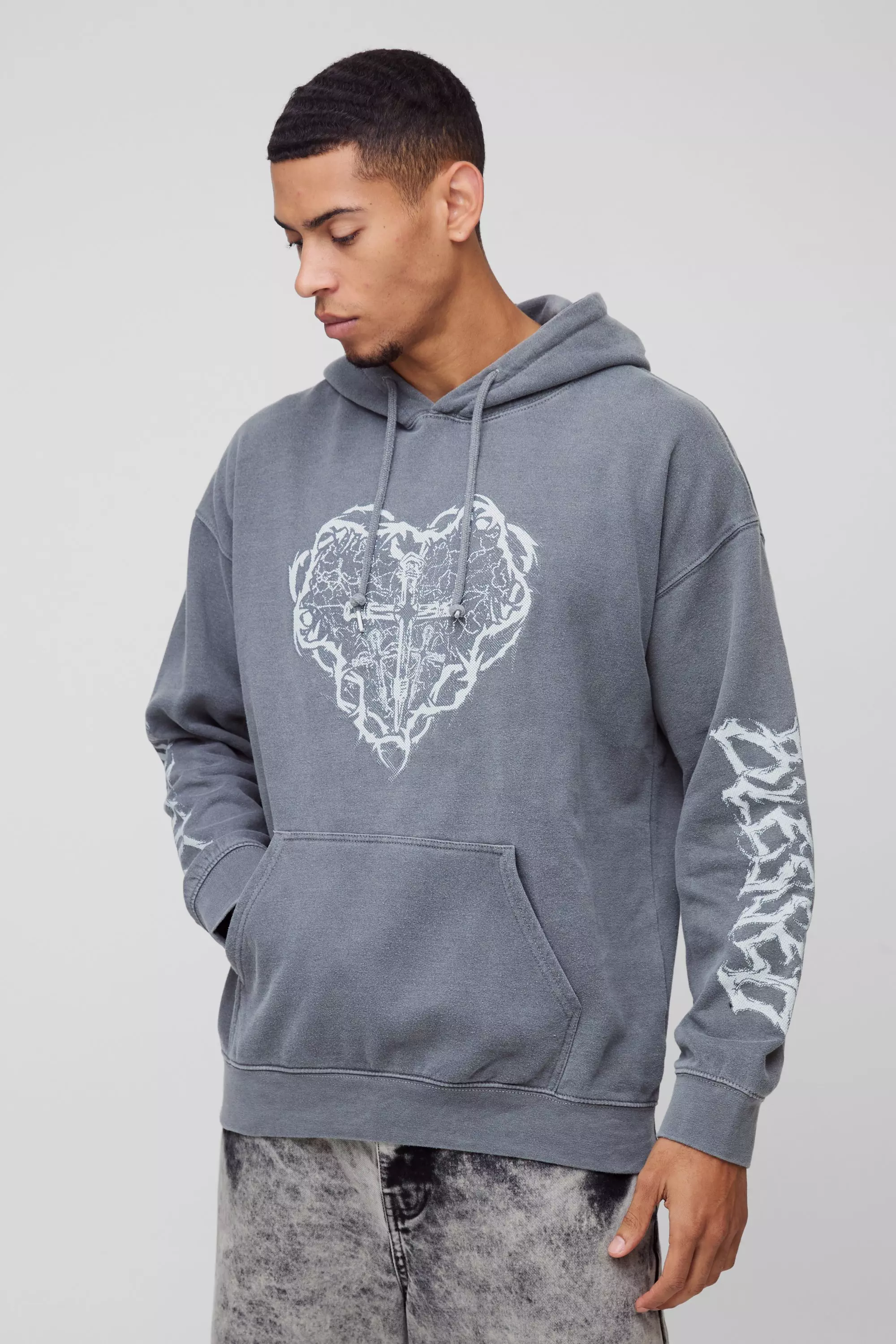 Oversize Hoodie mit Kreuz Herz Print, Charcoal alternatives Bild