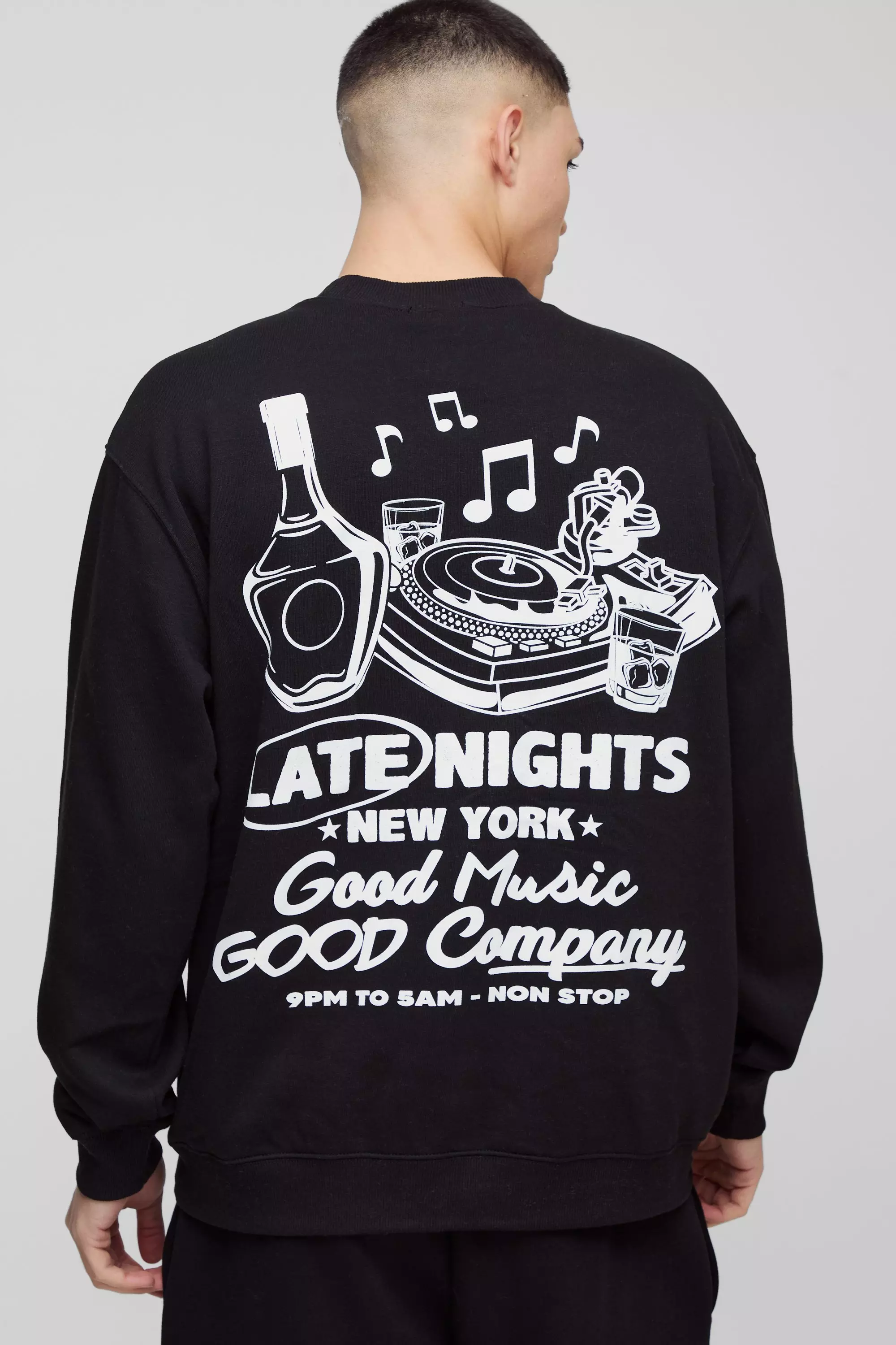 Oversized Late Nights Cartoon Graphic Sweatshirt Black