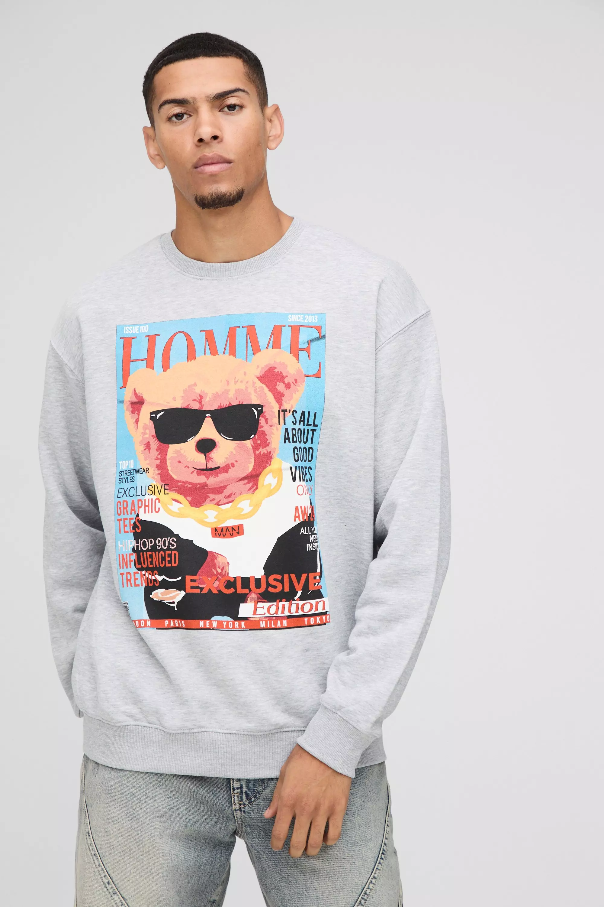 Grey marl Oversized Homme Bear Magazine Graphic Sweatshirt alternative image