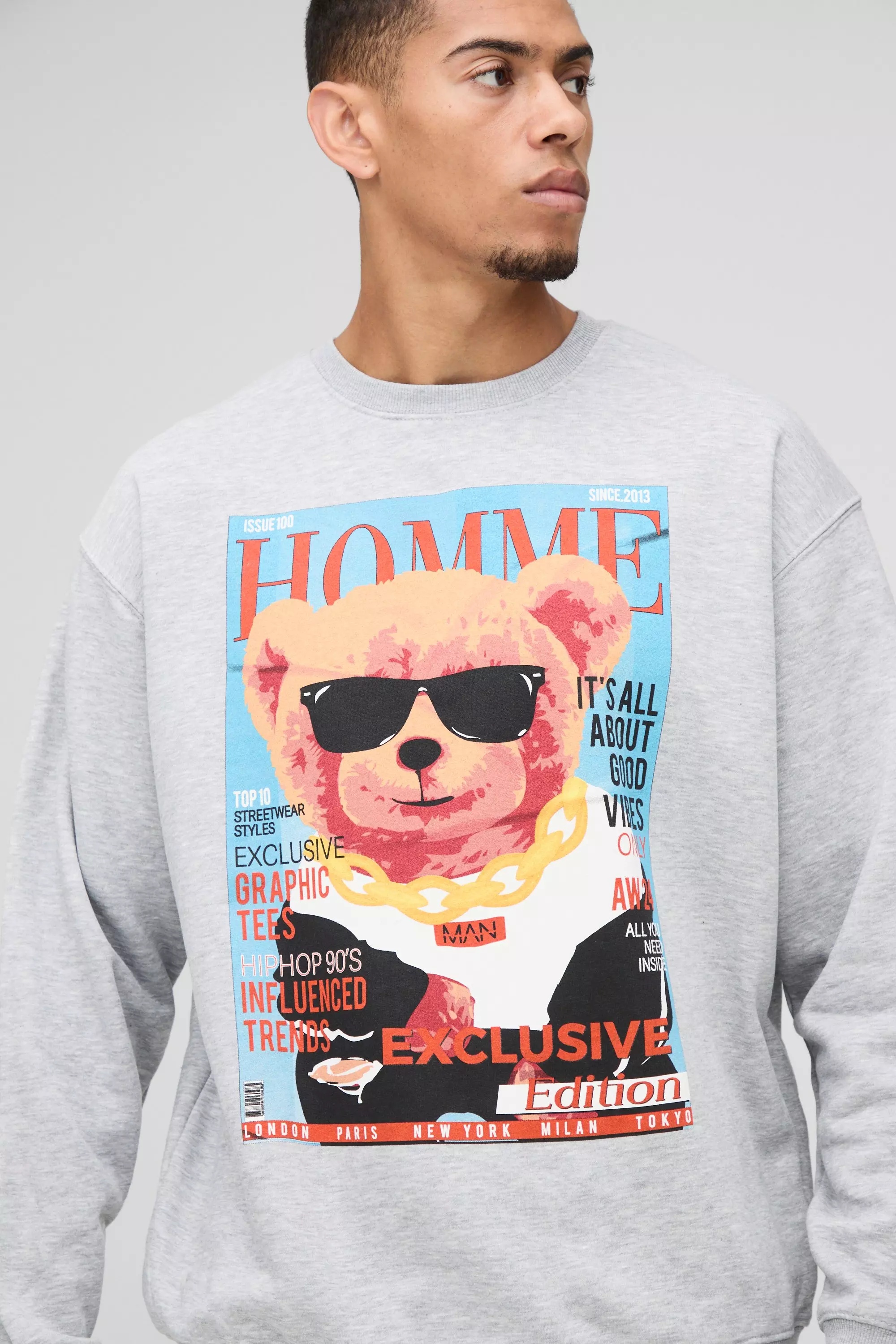 Grey marl Oversized Homme Bear Magazine Graphic Sweatshirt alternative image