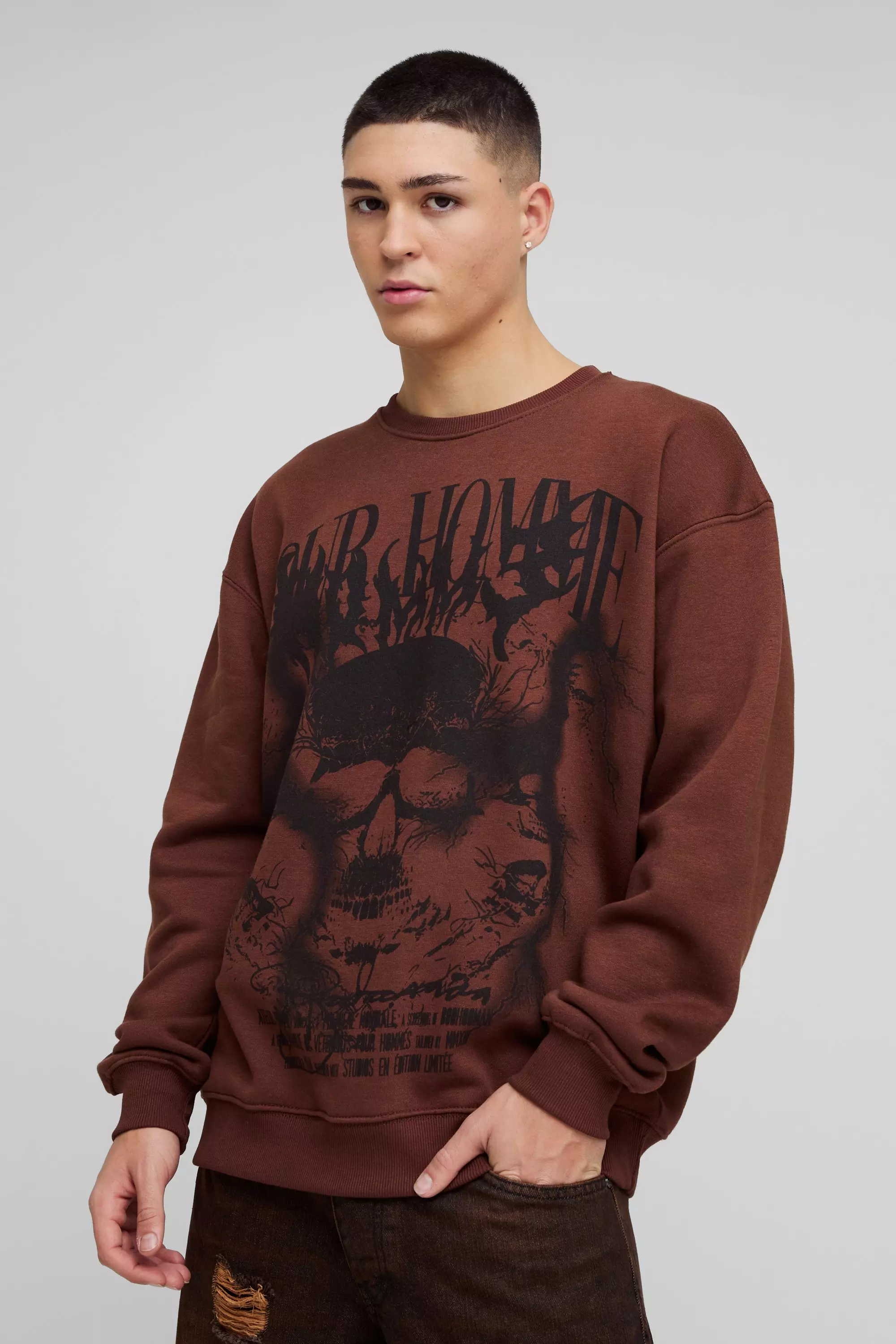 Oversized Homme Skull Over Seams Graphic Sweatshirt Dark brown