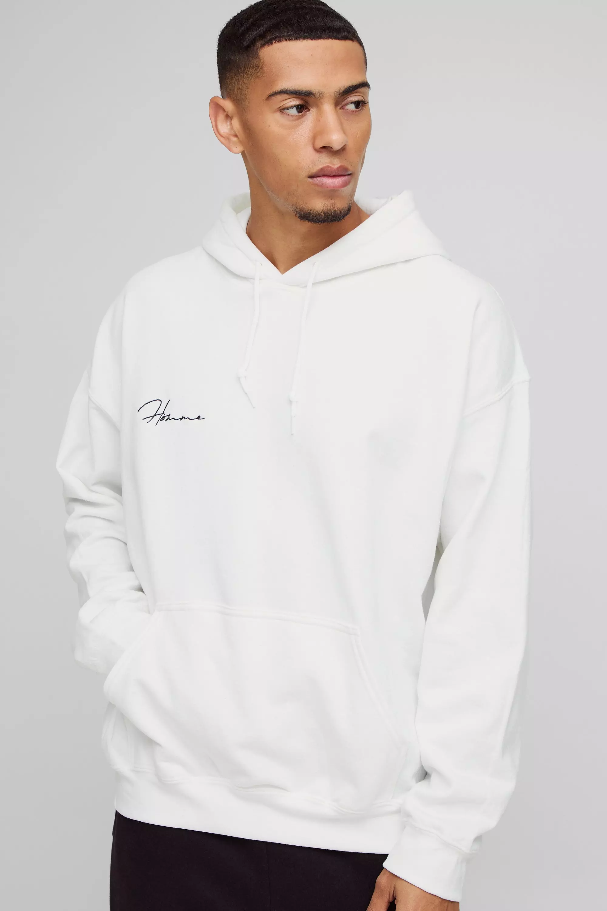 BoohooMAN Men s Homme Signature Embroidered Hoodie White Hoodies