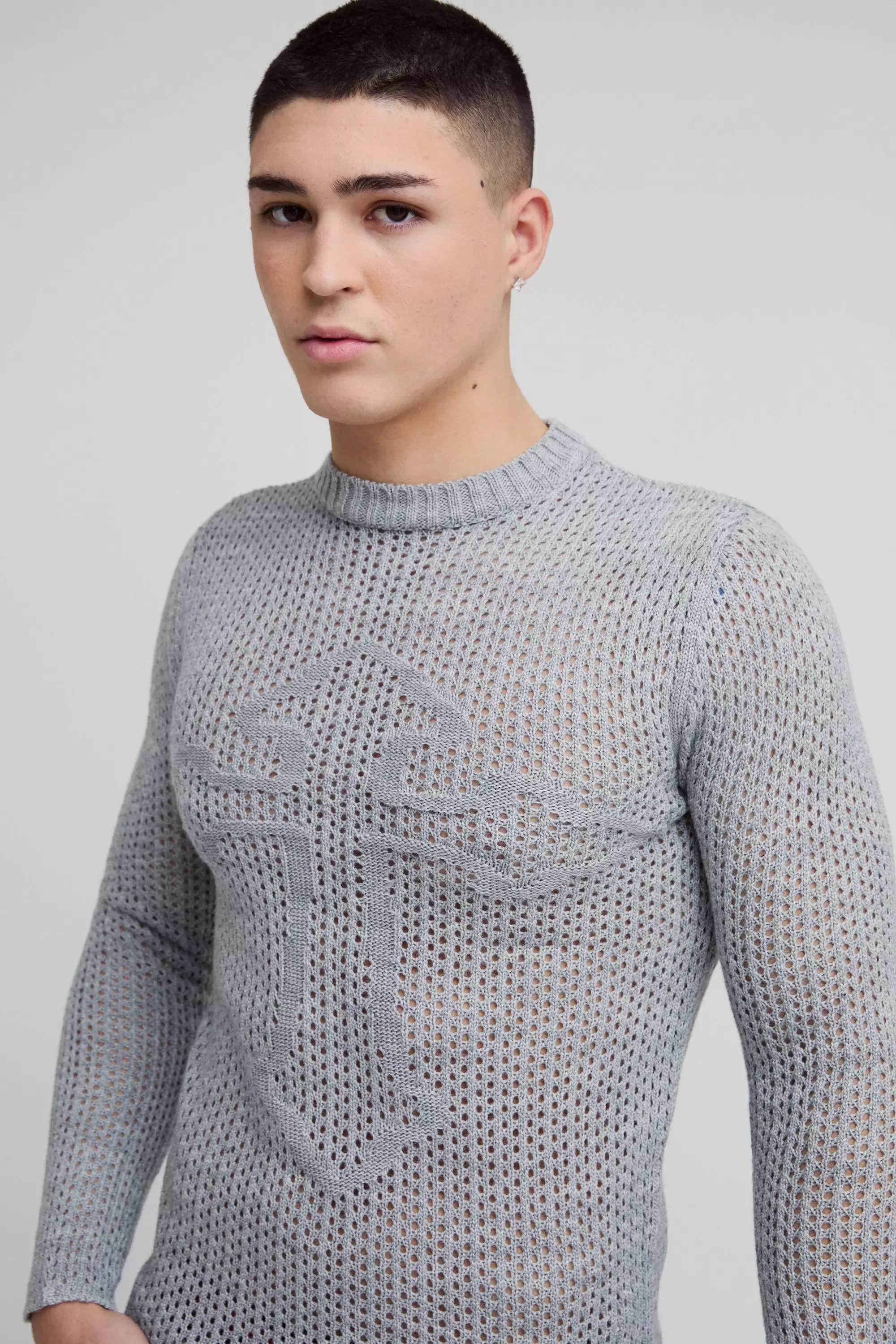Muscle Fit Open Stitch Cross Graphic Long Sleeve Knitted T